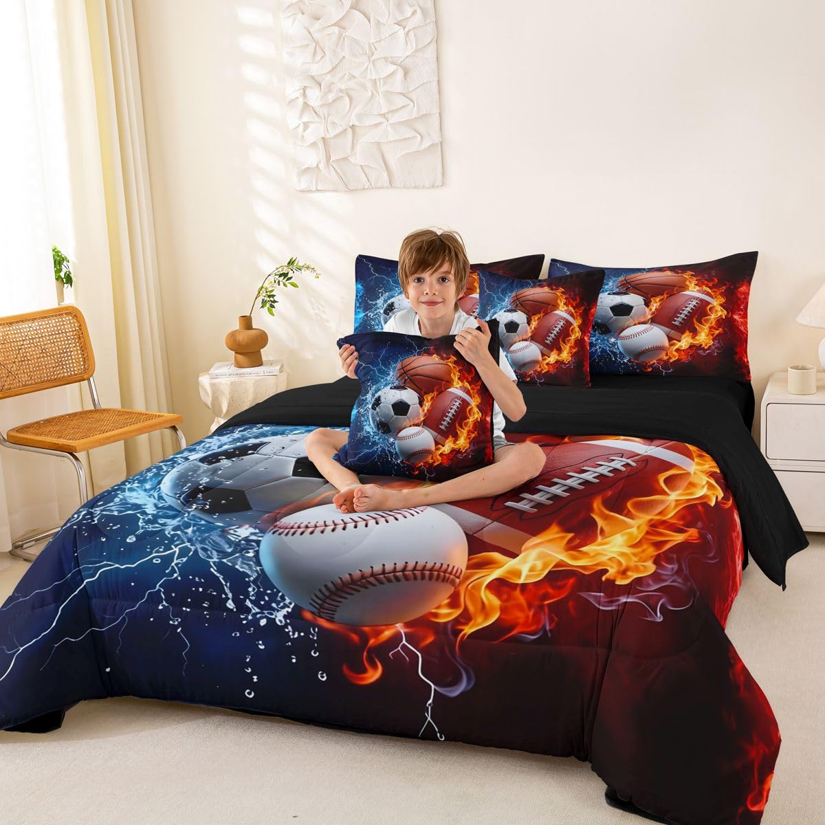 Feelyou Boys Sports Comforter Set with Sheets 7 Piece Twin Size Football Baseball Soccer Bed in a Bag Kids Boys Girls Basketball Bedding Set Ball Game Sports Bedroom Decor Breathable Soft Microfiber