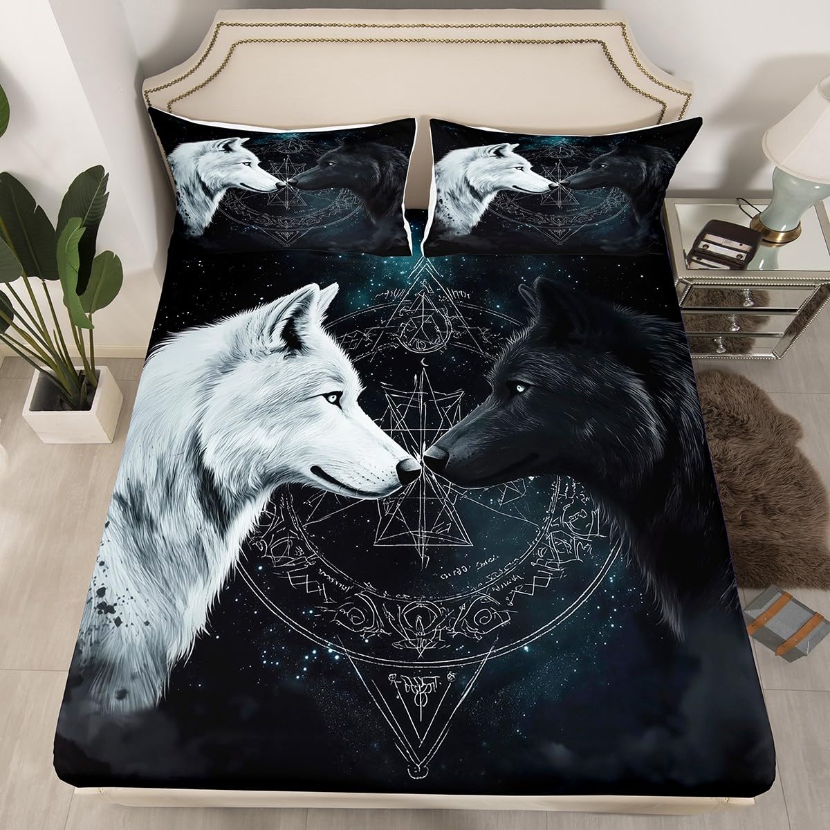 Castle Fairy Black White Wolf Bed Sheets Full Size,Sun Moon Starry Sky Bedding Set 4Pcs for Kids Boys Men Adult Room Decor,Wild Animals Fitted Sheet Cool Black Soft Top Flat Sheet,2 Pillowcases