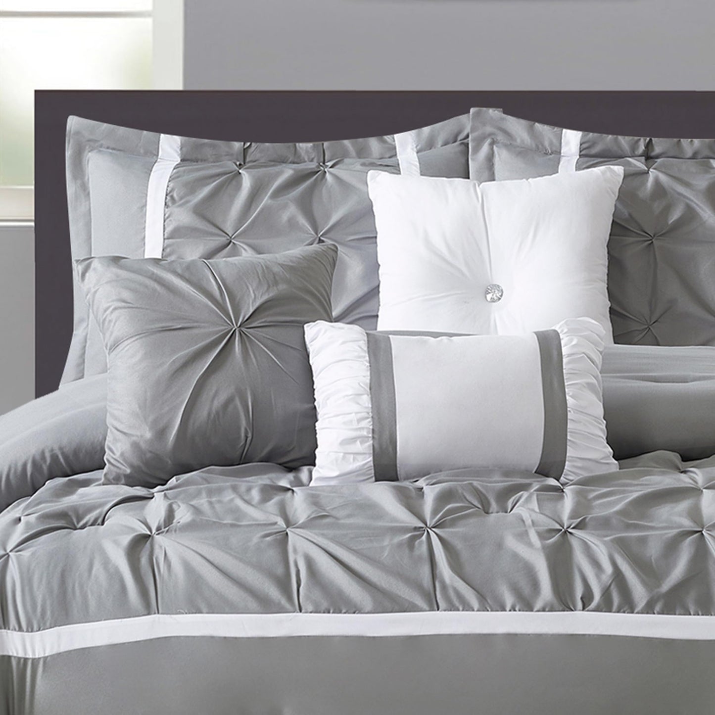LANCO MODERN LIFESTYLE Grey Comforter Set, King, 7 Piece Bed in a Bag, Microfiber Handcrafted Pintucking, All Season Bedding Set with Comforter, Bedskirt, Pillow Shams and Decro Pillows
