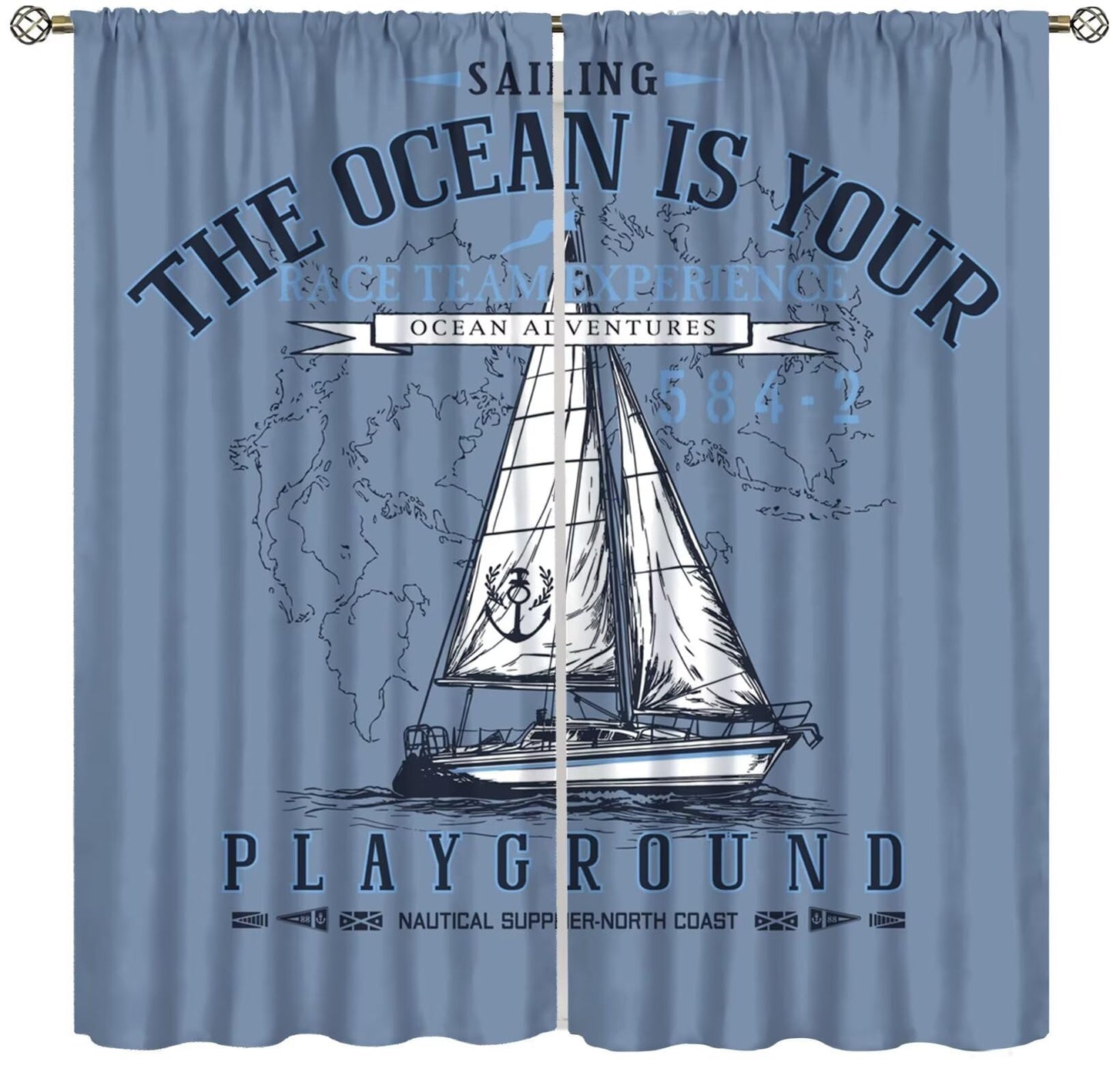 Ocean Nautical Curtain, Funny Retro Coastal Sailboat World Map Pattern Print Decor Rod Pocket Window Treatments, for Bedroom Living Room Kitchen 42" W X 45" L