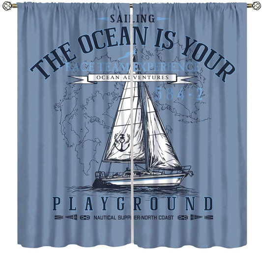 Ocean Nautical Curtain, Funny Retro Coastal Sailboat World Map Pattern Print Decor Rod Pocket Window Treatments, for Bedroom Living Room Kitchen 42" W X 45" L