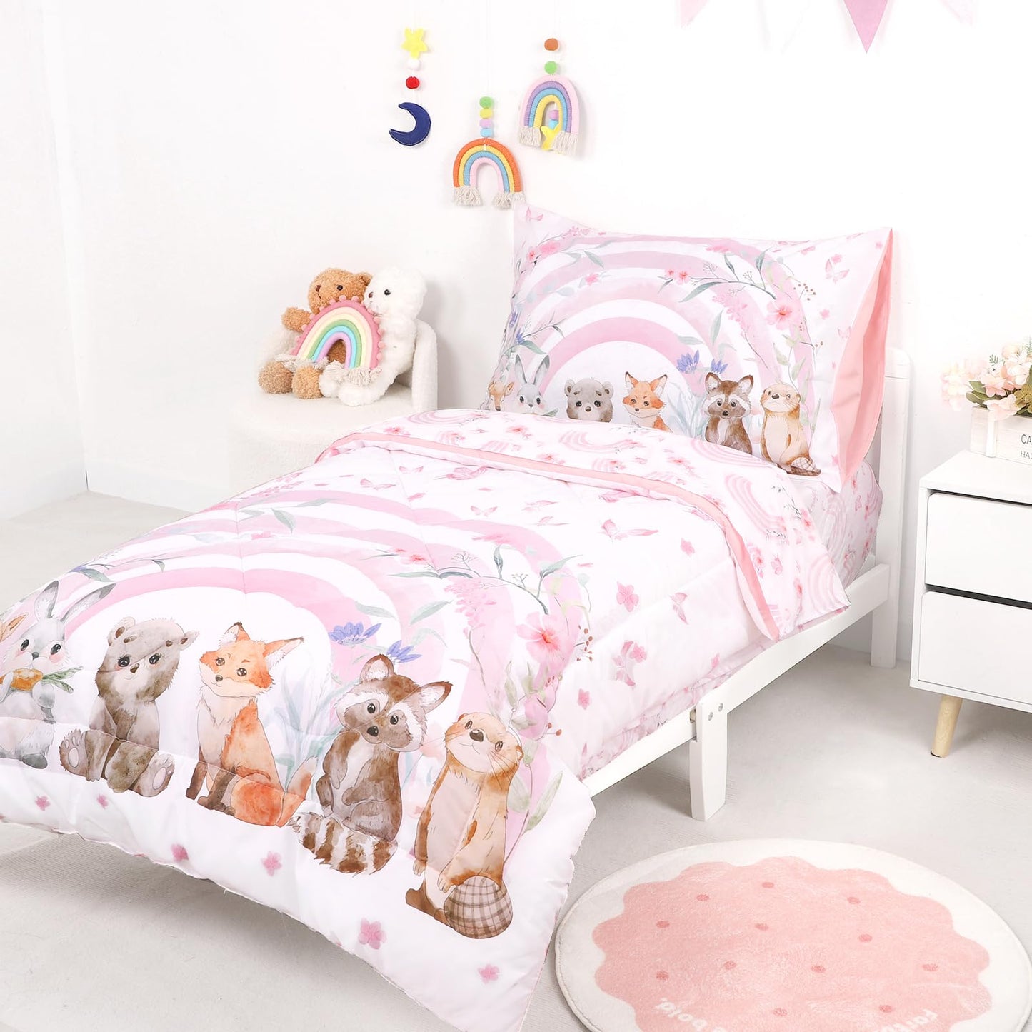 Hooyax Toddler Bedding Set for Girls - 4 Piece Rainbow Toddler Comforter Set Includes Fitted Sheet, Comforter, Pillowcase & Flat Sheet - Soft Comfort Microfiber for All Seasons