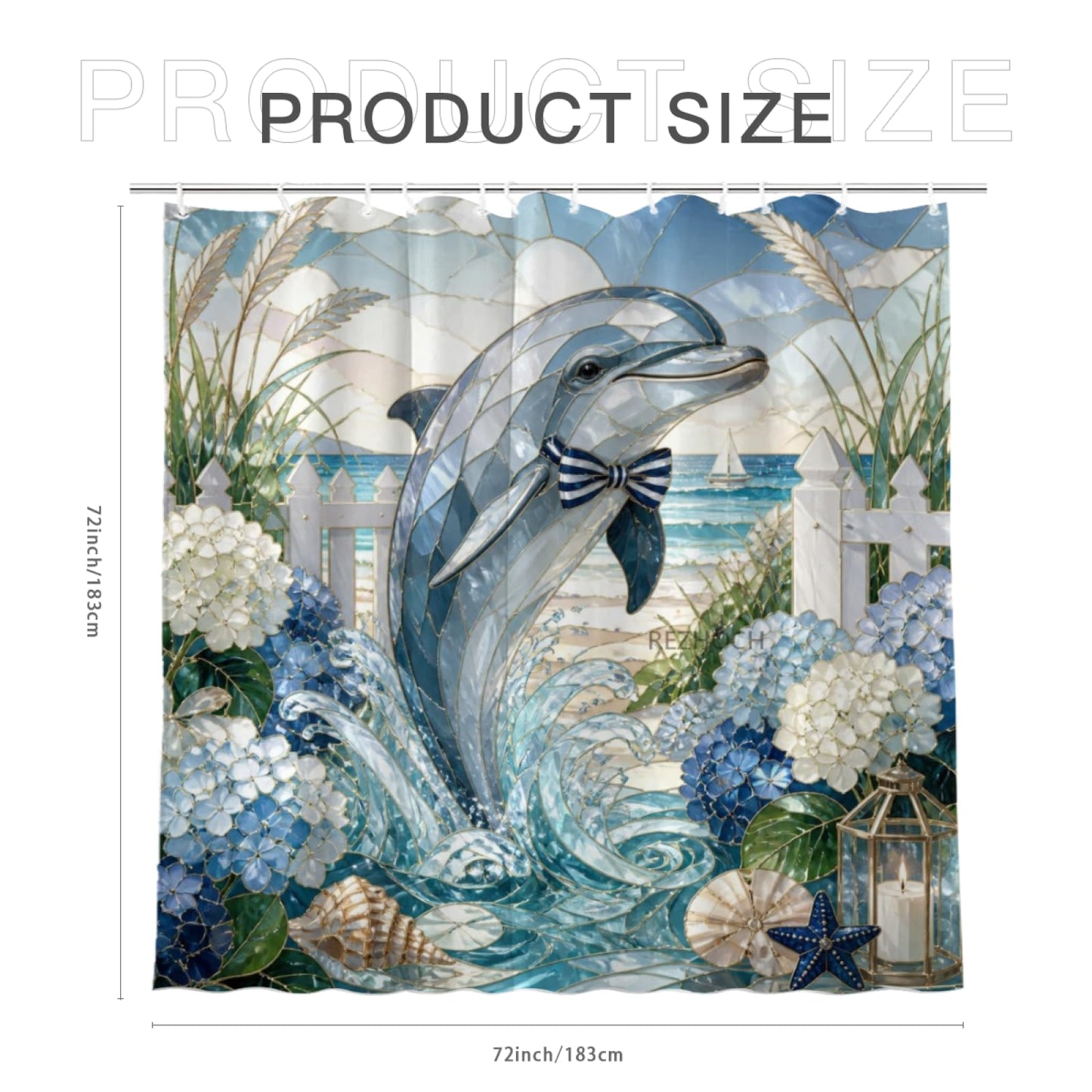 REZHOCH Coastal Fun Dolphin Shower Curtain 72x72Inch,Stained Glass Art Hydrangeas Flower Shells Picket Fence Bathroom Decor,Cute Animal Waterproof Bath Set Summer Beach Home