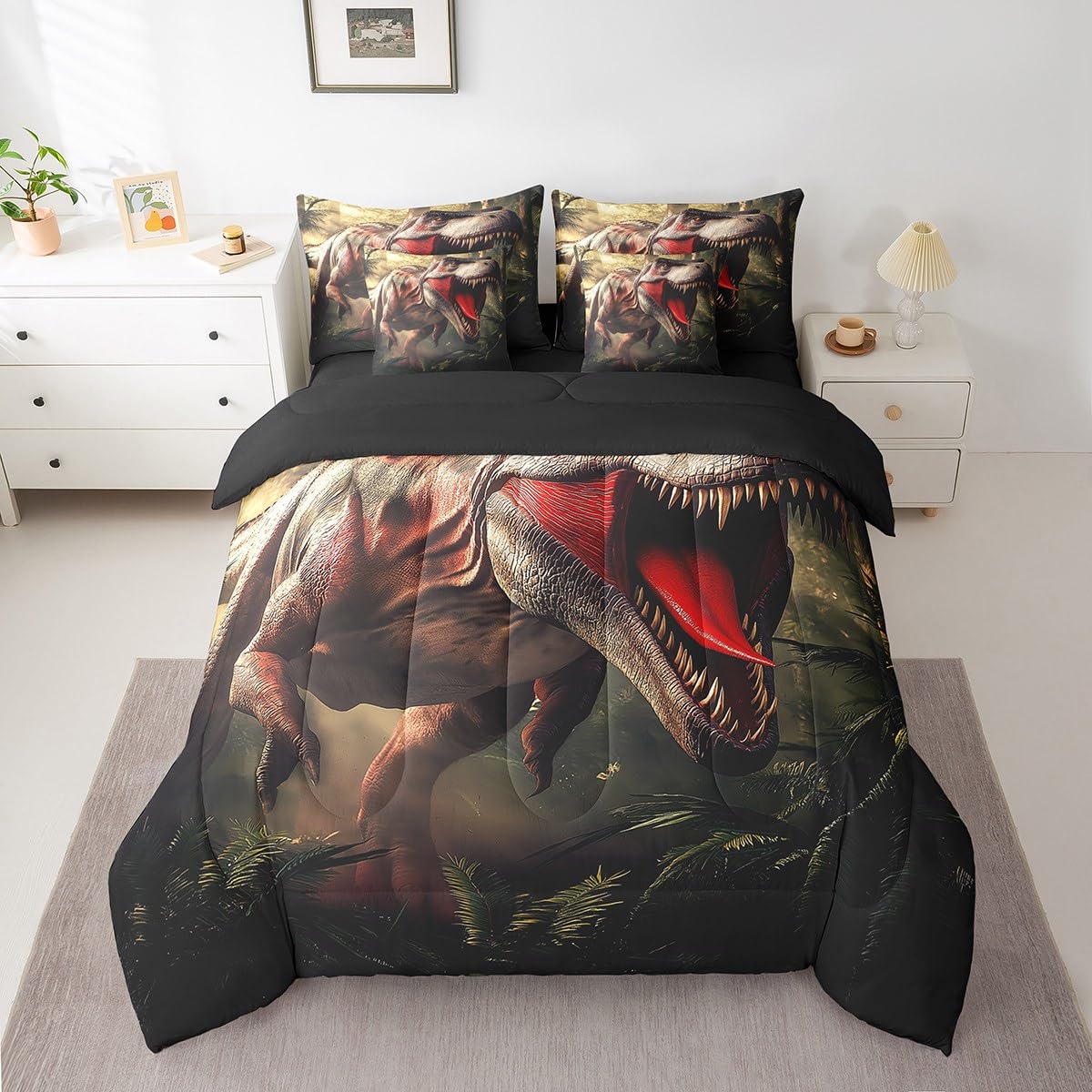 Erosebridal Dinosaur Queen Bedding Set - Fierce Animal Bed in A Bag,Forest Jungle Theme Comforter Sets with Sheets, Wild Animal Print 7 Pieces Bed Set Bedroom Decor