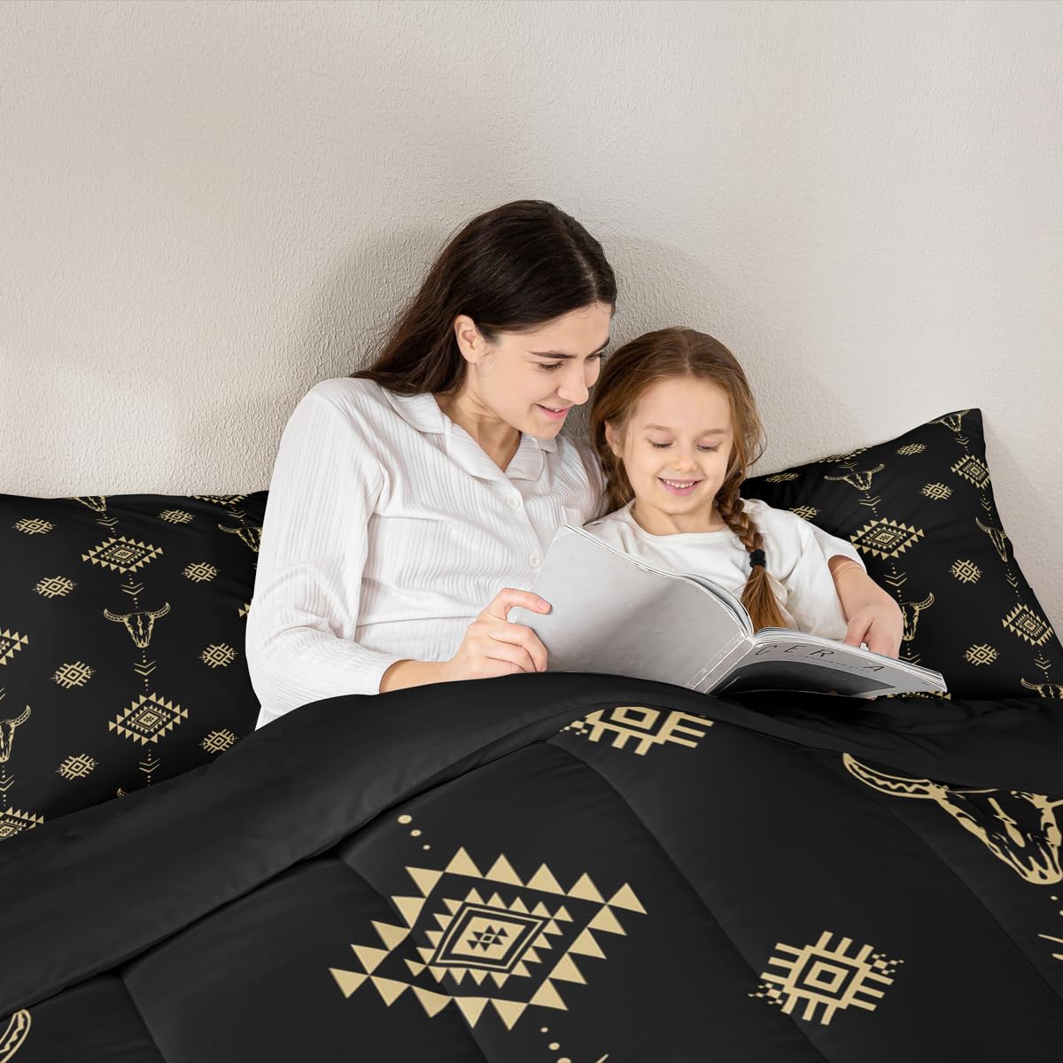Castle Fairy Cow Skull Bed Comforter Set Queen Size,Aztec Bohemia Tribal Exotic Super Soft Microfiber Bedding Set for Girls Boys,Western Cowboy Black Gold Decorative Quilter Set 3 Pcs