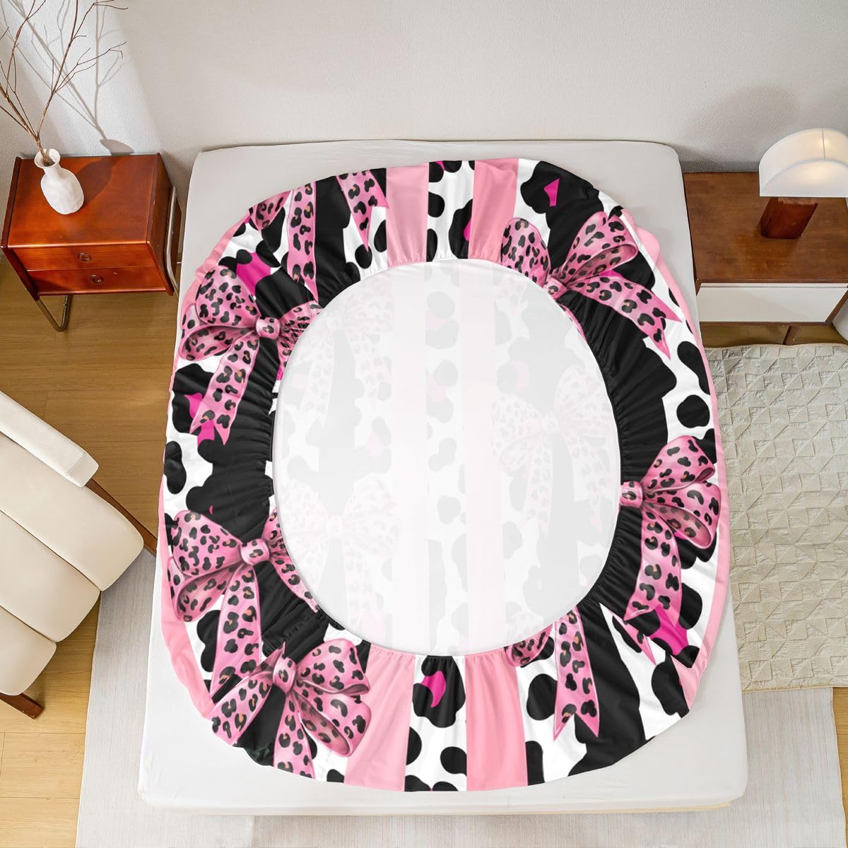 jejeloiu Pink Leopard Bow Fitted Sheet Twin Size for Kids Boys Girls Striped Coquette Bow Bed Sheets Set 16" Deep Pocket Soft Breathable Microfiber Leopard Bowknot Bedding with 1 Pillowcase Room Decor