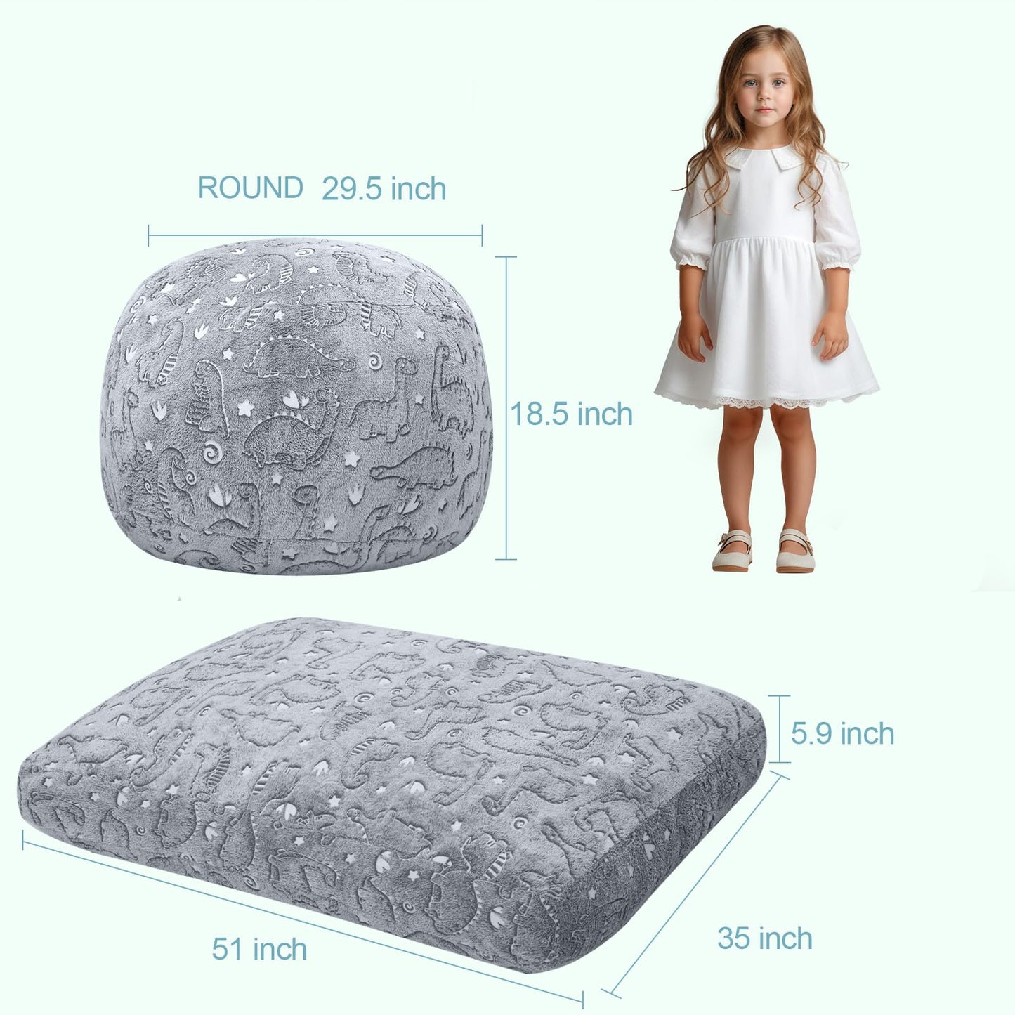 COMAX Kids Bean Bag Chair Turn into Beanbag Bed, Dinosaur Toddler Bean Chair for Girl Boy Sleeping, Lazy Children Bean Bags with Filler, Convertible Child Floor Mattress, Grey Dino