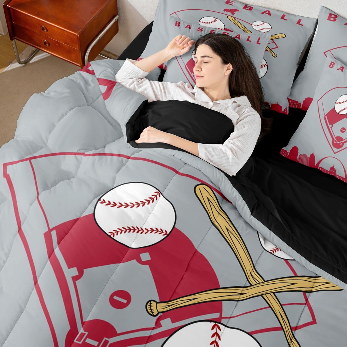 Erosebridal Teens Baseball Full 7 Piece Bedding Set Sporta Games Bed in A Bag City Building Silhouette Comforter Set for Kids Boys Youth Men Bedroom Decor Baseball Bat Sheet Sets