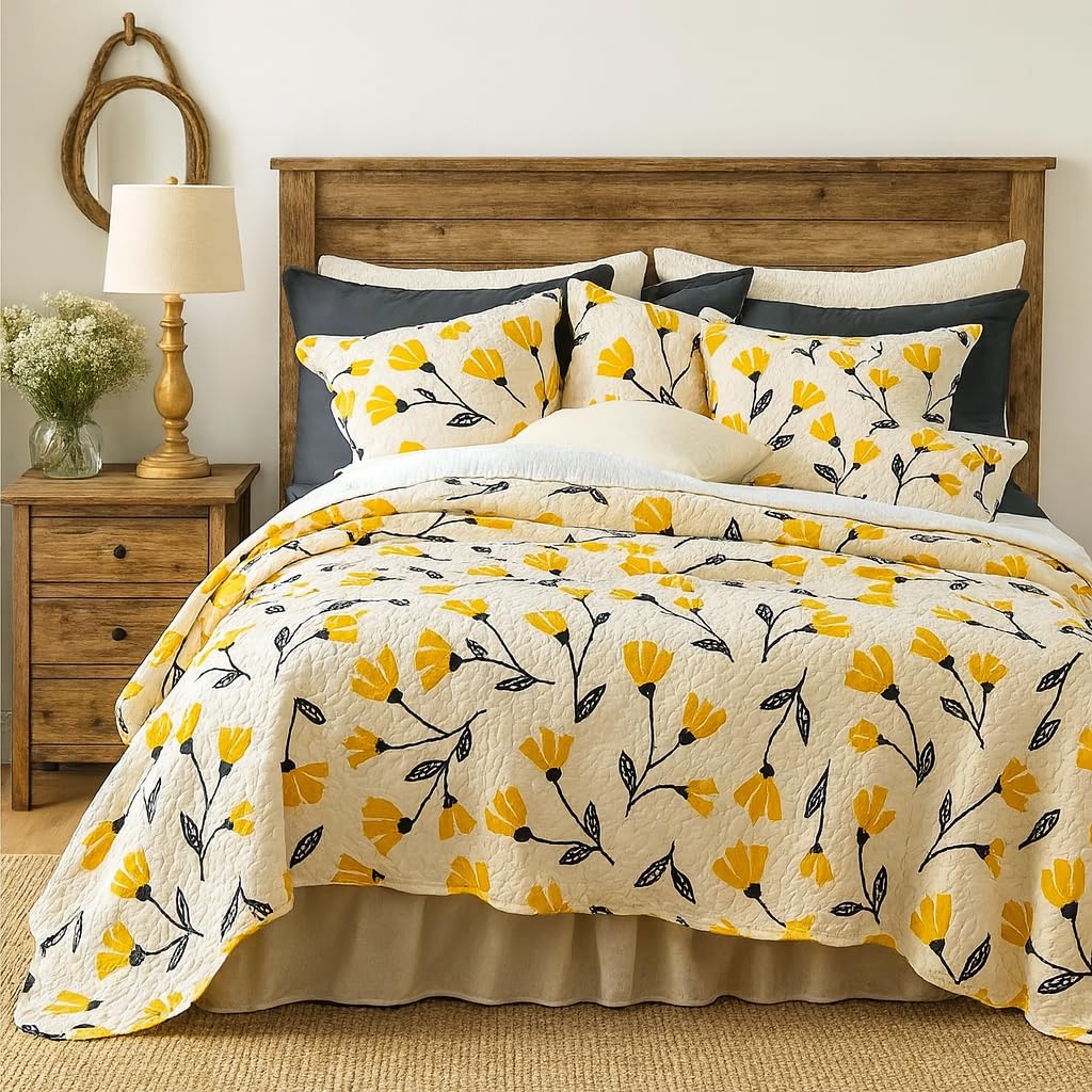 DaDa Bedding Botanical Floral Bedspread Quilt - Yellow Fleur Golden Yellow Spring Time Tulips Quilted Coverlet Set - Scalloped Edges Bright Vibrant Ivory Cream - King Size - 3-Pieces