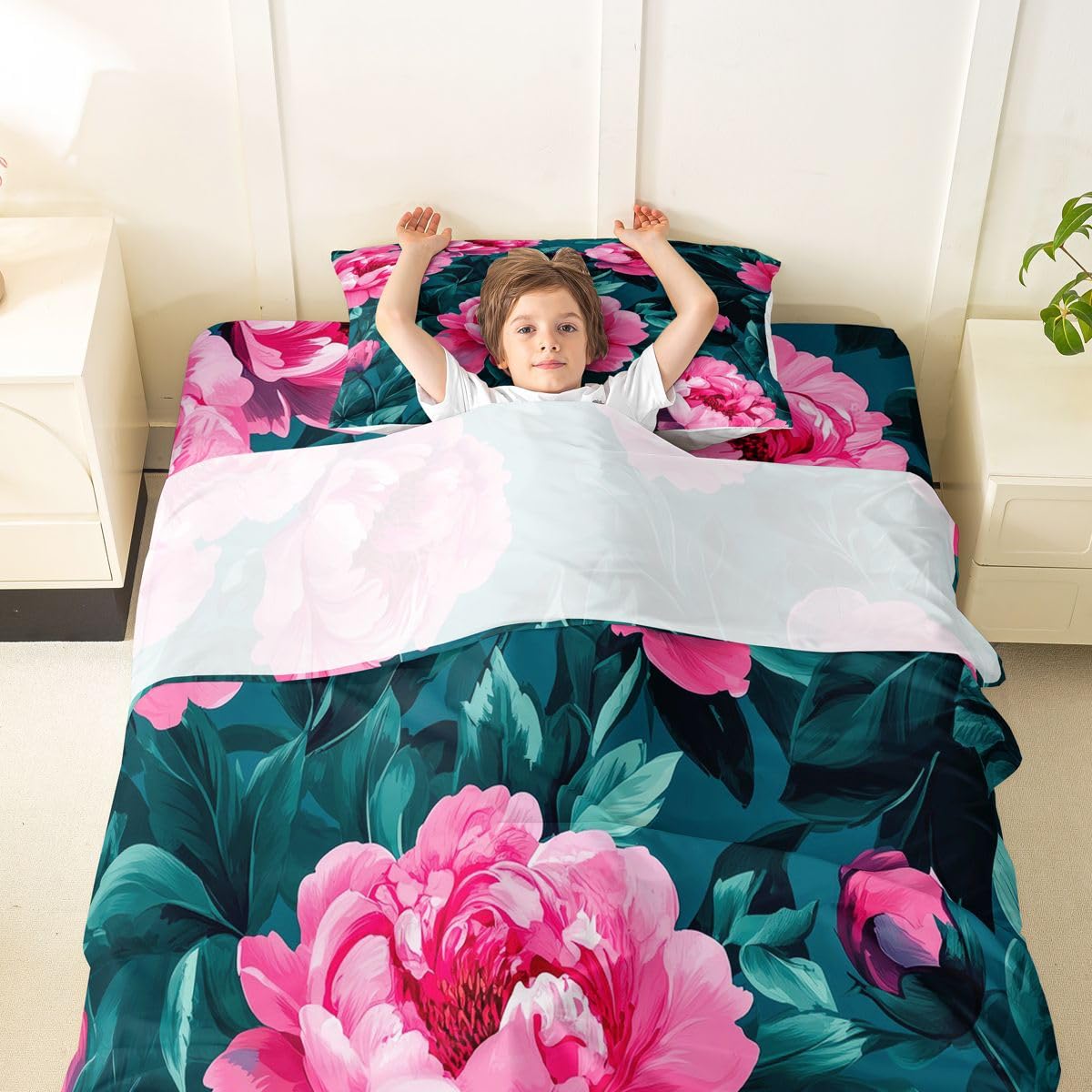 Erosebridal Pink Peony Sheet Set Vintage Bohemian Flowers Twin Sheets Set for Children Boys,Oil Painting Floral Leaves Country Flower Rustic Fitted Sheet