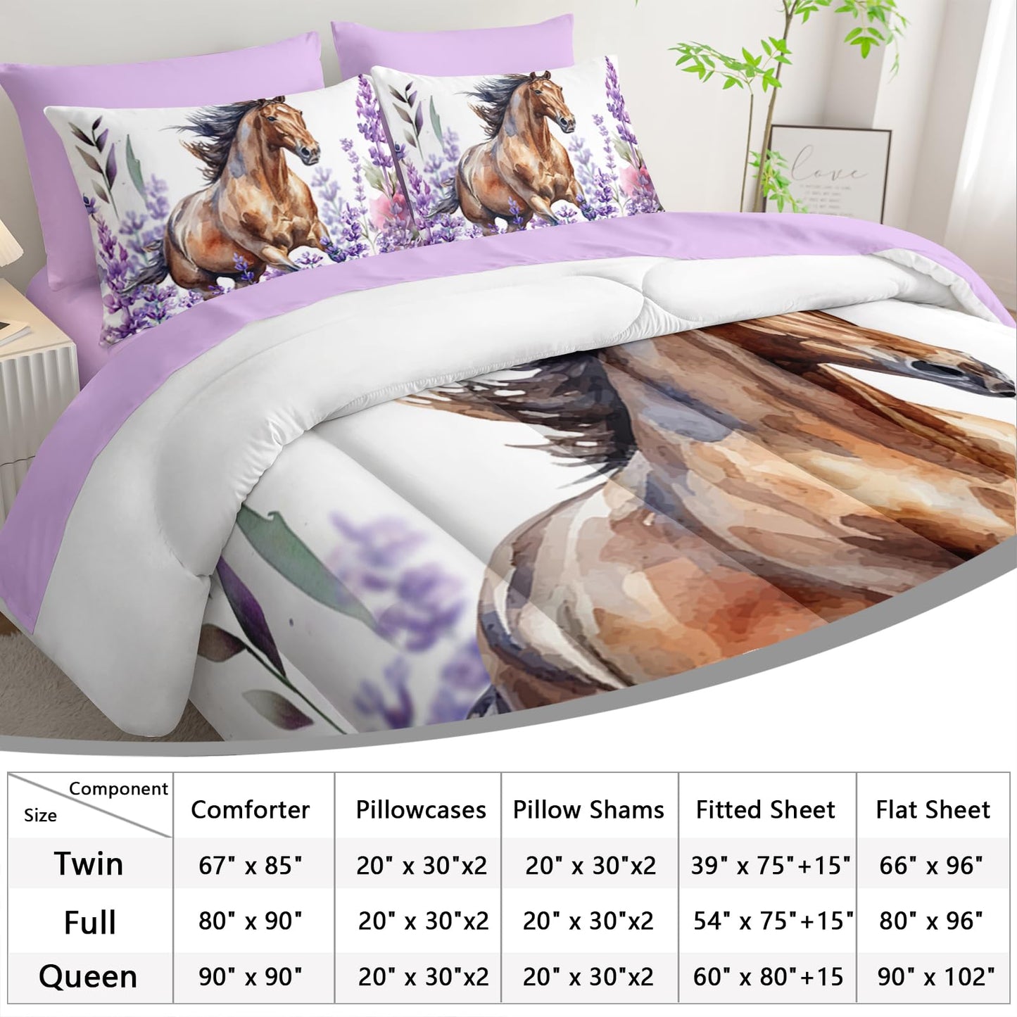 AILONEN Galloping Horse Comforter Set,Lavender Flowers Bedding Set Bed in a Bag Twin Size,Purple Theme Comforter & Fitted Sheet with Flat Sheet,2 Pillowcases,2 Pillow Shams,7-Piece,Soft Microfiber