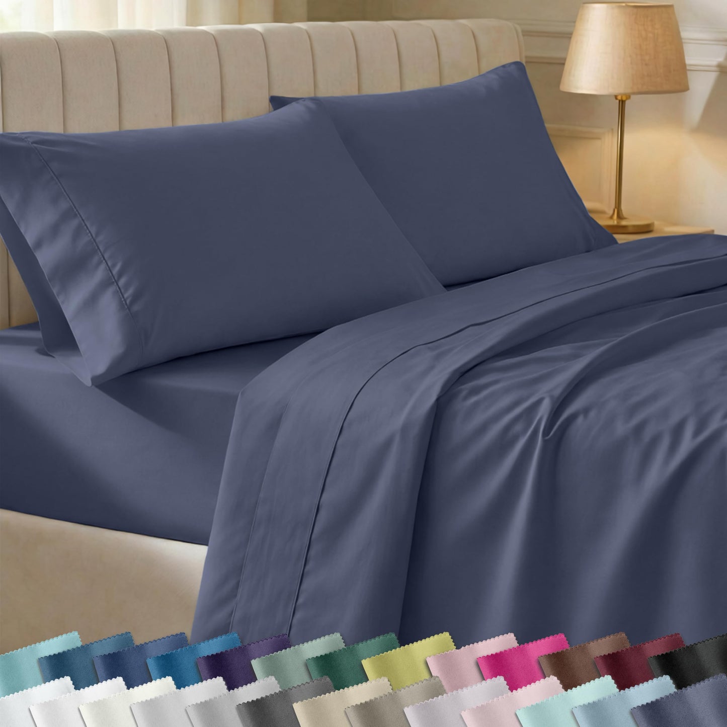 California Design Den Soft 100% Cotton Twin Size Bed Sheets Set, 400 Thread Count Good Housekeeping Award Winner, Smooth Sateen Finish, Cozy and Durable Twin Bedding Set - Indigo Dusty Blue
