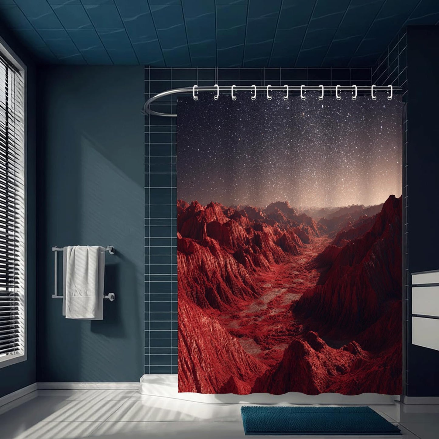 ZROLUW Mountain Landscape Shower Curtain 72" W x 72" L Starry Sky Bathroom Decor Curtain with Hooks