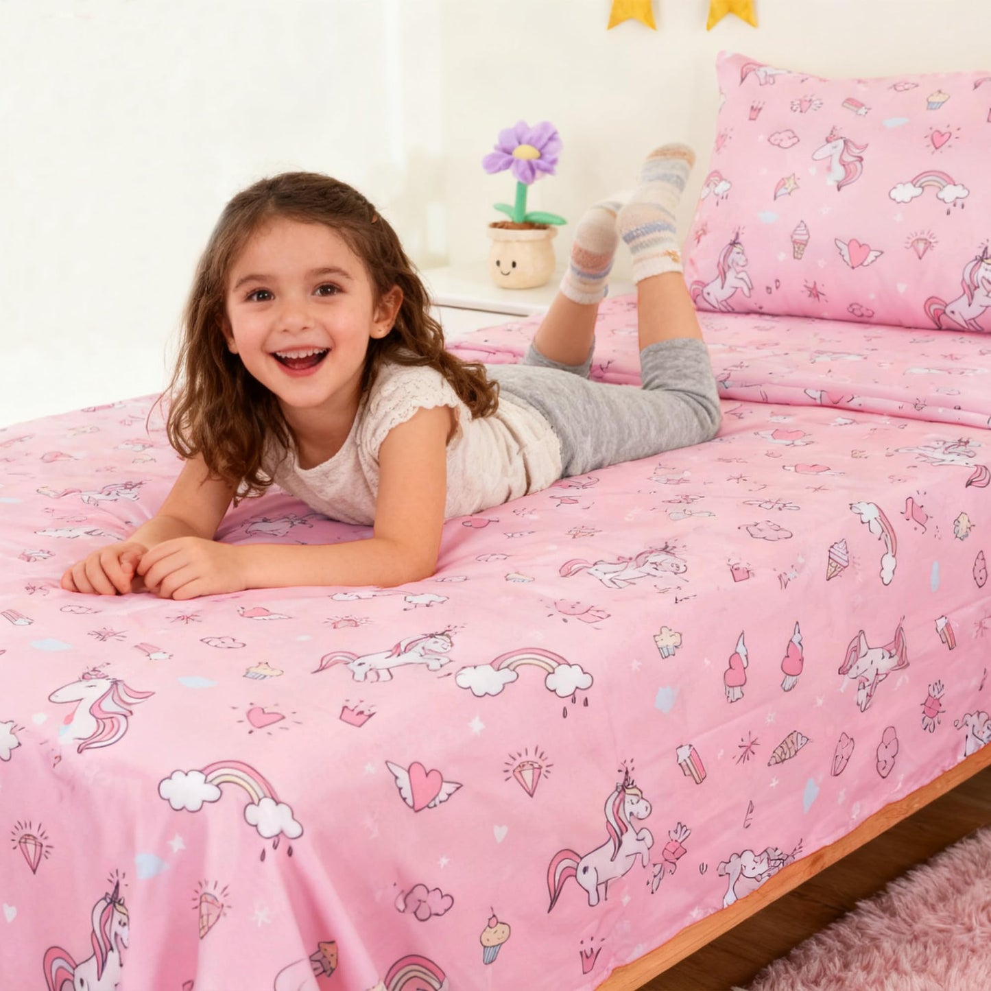 Bunnikins & Clover Unicorn Kids Sheet Set Twin Size, 3 Piece Soft Microfiber Bed Sheets, Deep Pocket Pink Toddler Bedding Set for Boys Girls