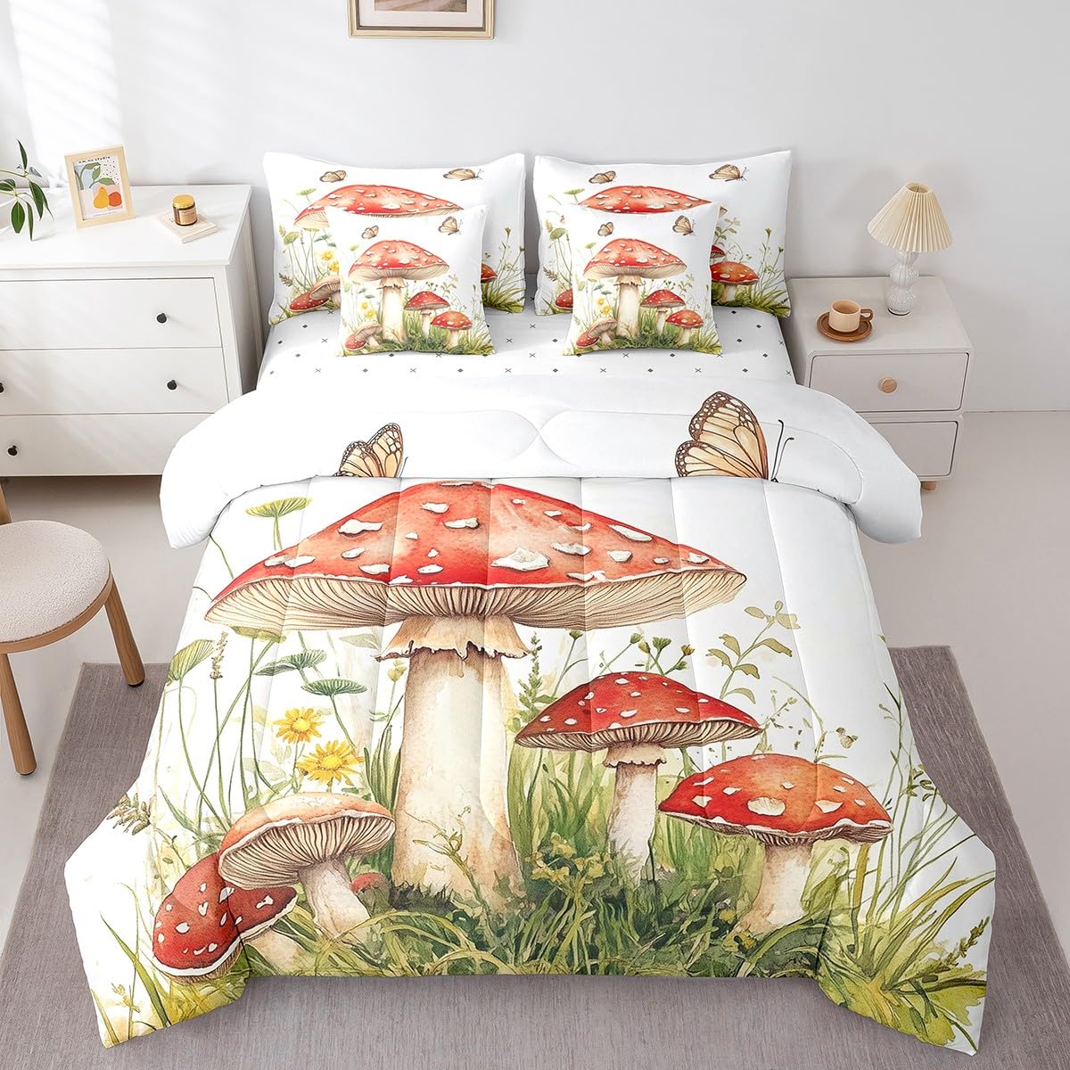 Erosebridal Red Mushroom Comforter Set King Size,Cartoon Fungus Bedding Set for Kids Teens,Flying Butterflies (Comforter+Fitted+Flat Sheet+2 Pillowcases+2 Throw Pillow Covers) 7 Pieces Bed Set