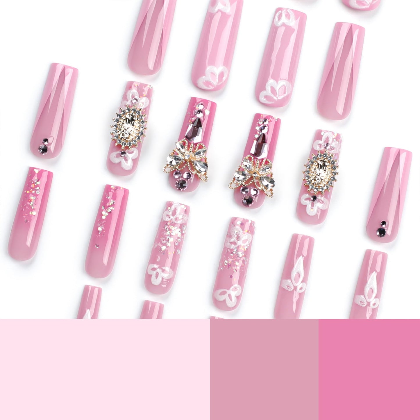 Long Press Pink False Nails with Rhinestones Design: Glue on, French Acrylic, Butterfly Flower Full Cover Stick on Nails - 24Pcs