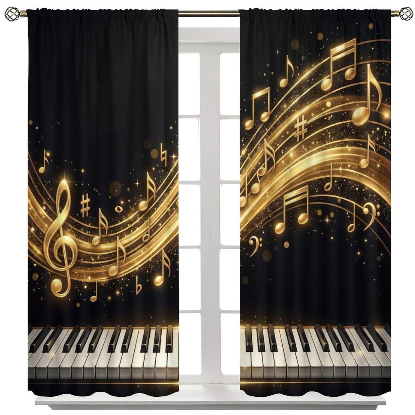 PHTAYOT Piano Key Music Curtains Black Golden Musical Notes Romantic Art Pattern Decor Window Drapes for Bedroom Living Room Home,2 Panels Set,42x45 Inch