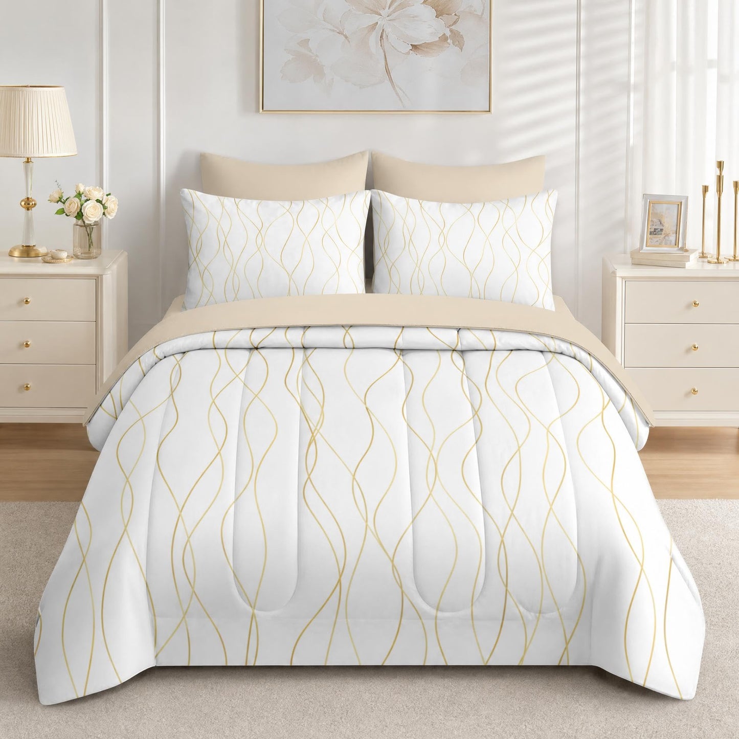 Boewywh Comforter Set Twin Size Gold Abstract Modern 7 Pcs, Bedding for Kids and Adults, Bed Sheet Sets with Fitted Sheet 2 Pillowcases & 2 Shams for Bedroom Bed Decor