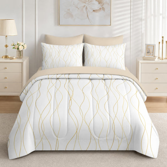 Boewywh Comforter Set Twin Size Gold Abstract Modern 7 Pcs, Bedding for Kids and Adults, Bed Sheet Sets with Fitted Sheet 2 Pillowcases & 2 Shams for Bedroom Bed Decor