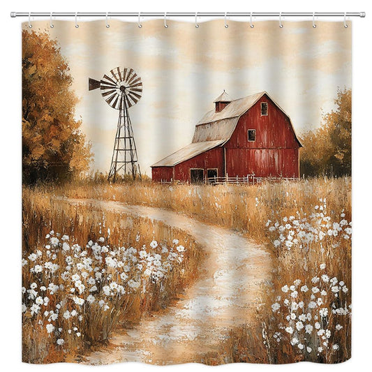 PZMPZM Rustic Barn Windmill Shower Curtain Vintage Western Farm Barn Flower Farmhouse Country Nature Scenery Bathroom Polyester Fabric Curtains with Hooks 70Wx70H Inch