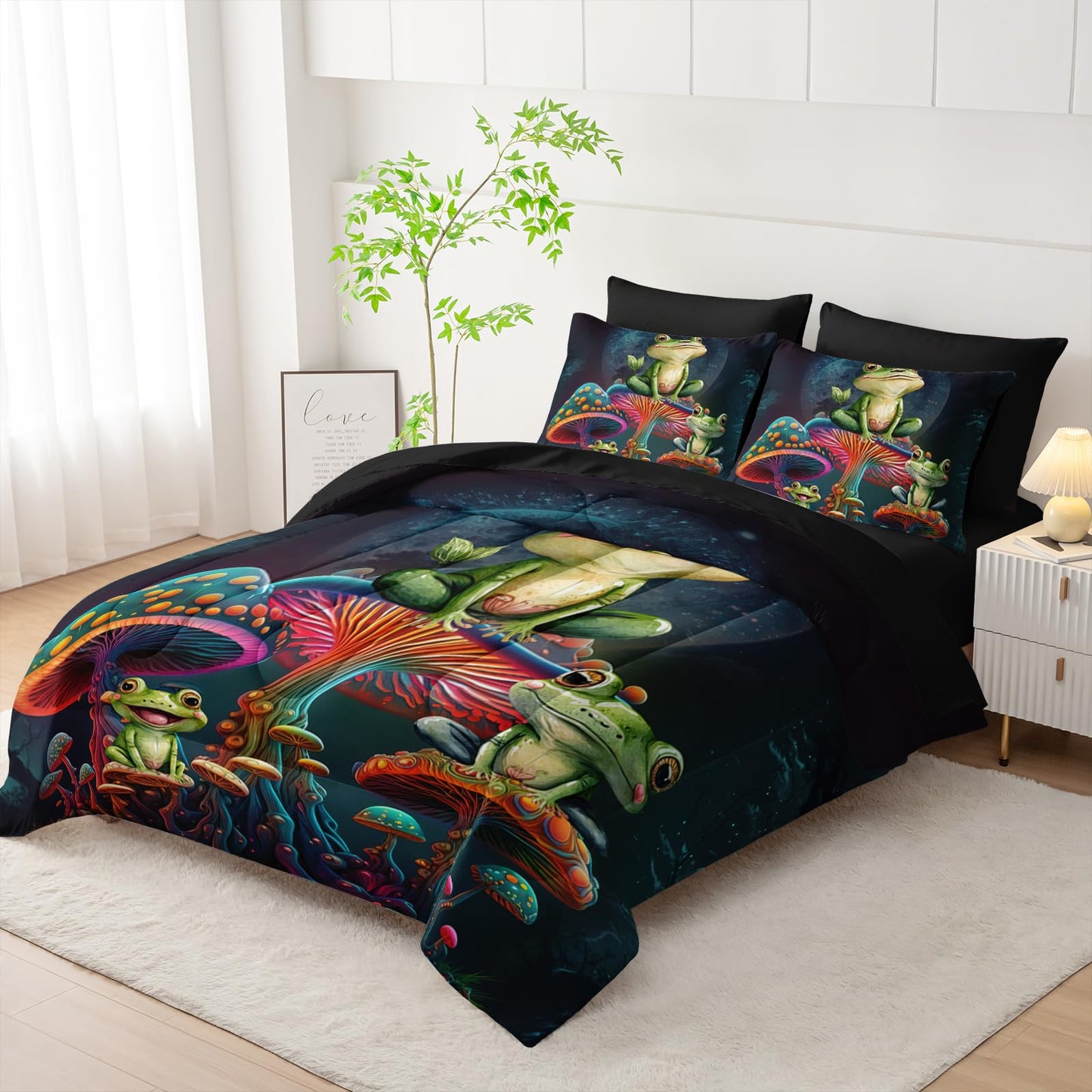 AILONEN Cartoon Frog Comforter Set Queen Size,Magic Mushroom Frog Bed in a Bag,7Pcs Soft Microfiber Black Comforter,Fitted Sheet,Flat Sheet,2 Pillowcases,2 Pillow Shams