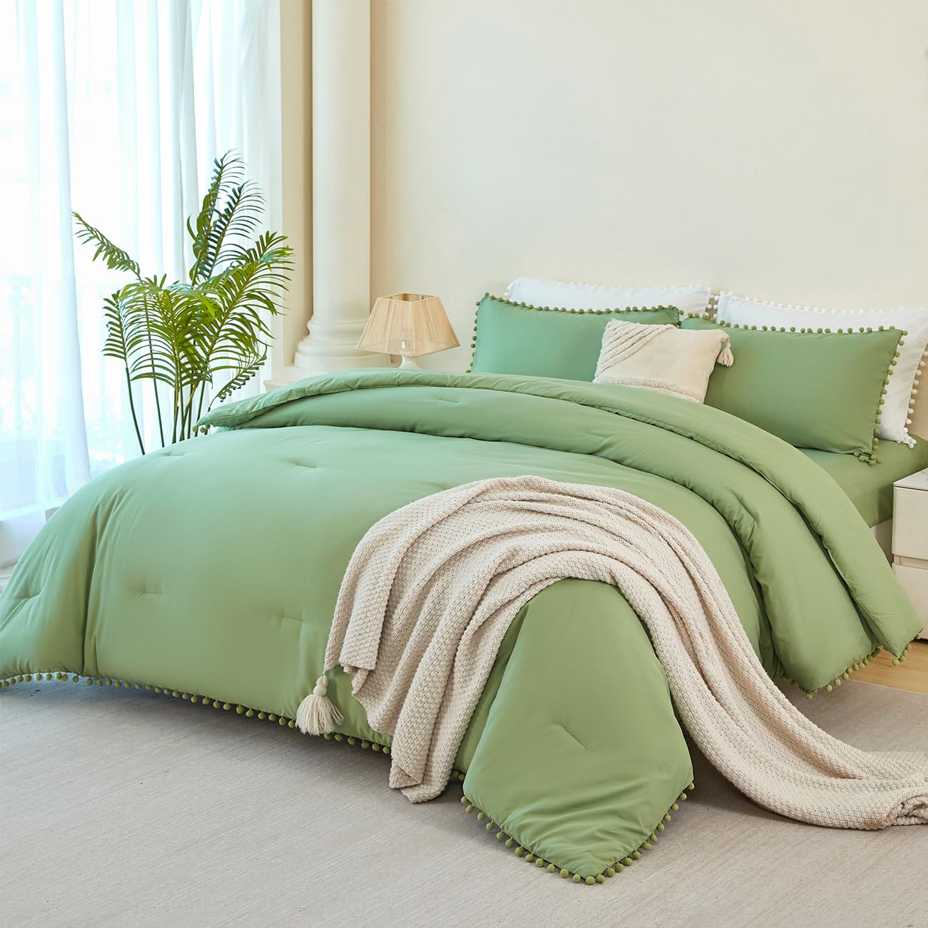 PERFEMET Green Bed in A Bag Twin Size 5 Pieces All Season Pom Pom Fringe Bedding Set for Girls Kids Soft Lightweight Boho Solid Comforter Set for Bedroom(Green, Twin)