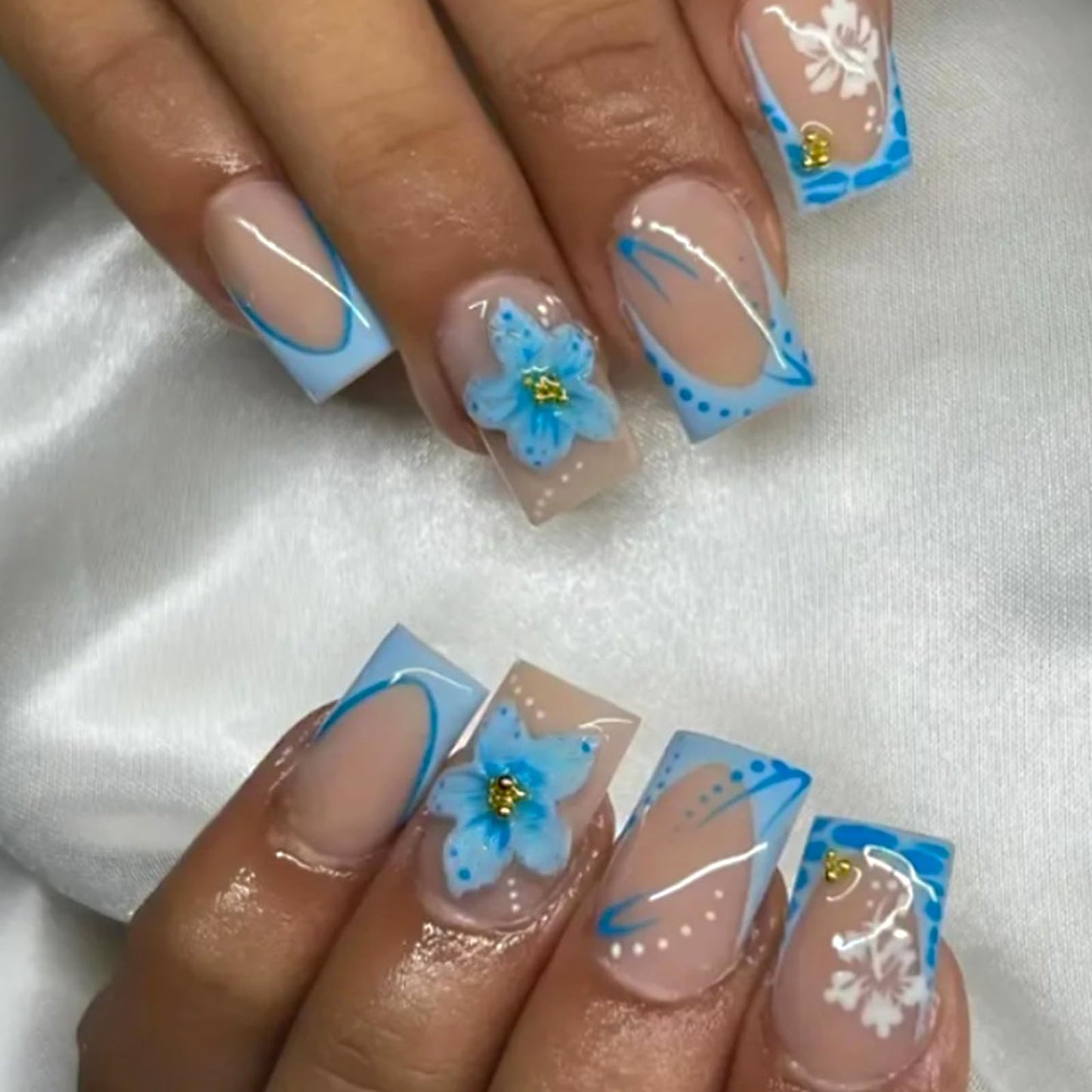24Pcs Blue French Tip Press on Nails Short Square Fake Nails Glossy Design Full Cover Glue on Nails Gold Rhinestones Flower Artificial Nails Reusable Acrylic Stick on Nails for Women DIY Manicure