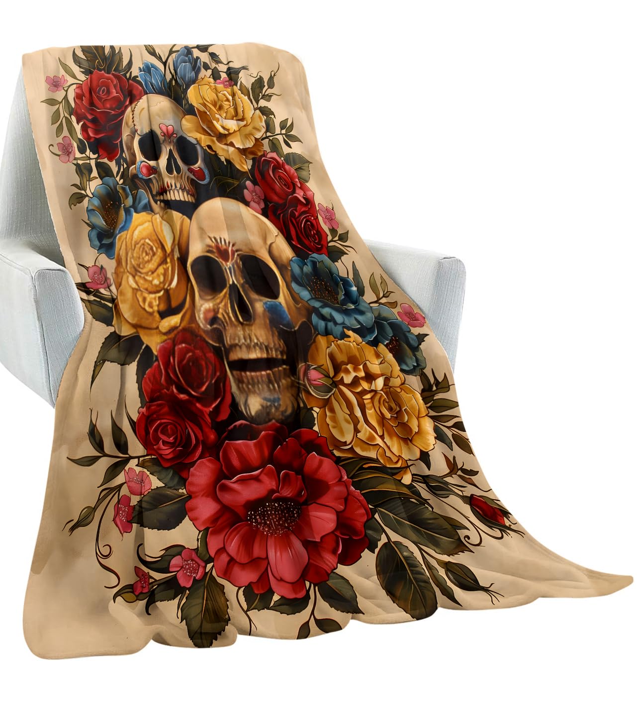 amepay Gothic Skull and Rose Blanket Gifts for Kids Adult Women,Goth Tattoo-Style Flannel Throw Blankets,Soft Comfy Lightweight for Halloween Couch Bed Sofa Bold Modern Decor,Horror Lovers 60x50in