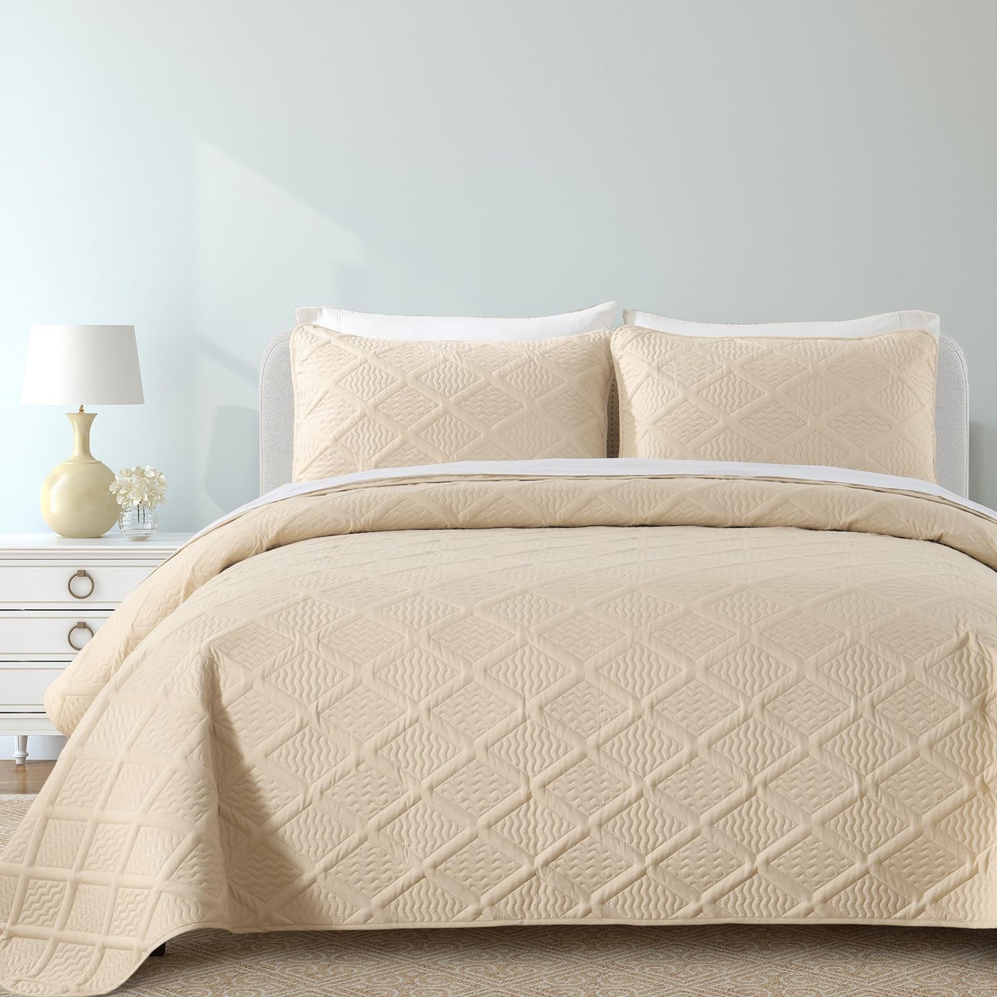 Yiran Camel Quilt Set Queen Size, 3 Piece Reversible Bedspreads Bedding Set, Fall Diamond Pattern Coverlet for All Season with 2 Pillow Shams (Full/Queen, 96x90 Inch)