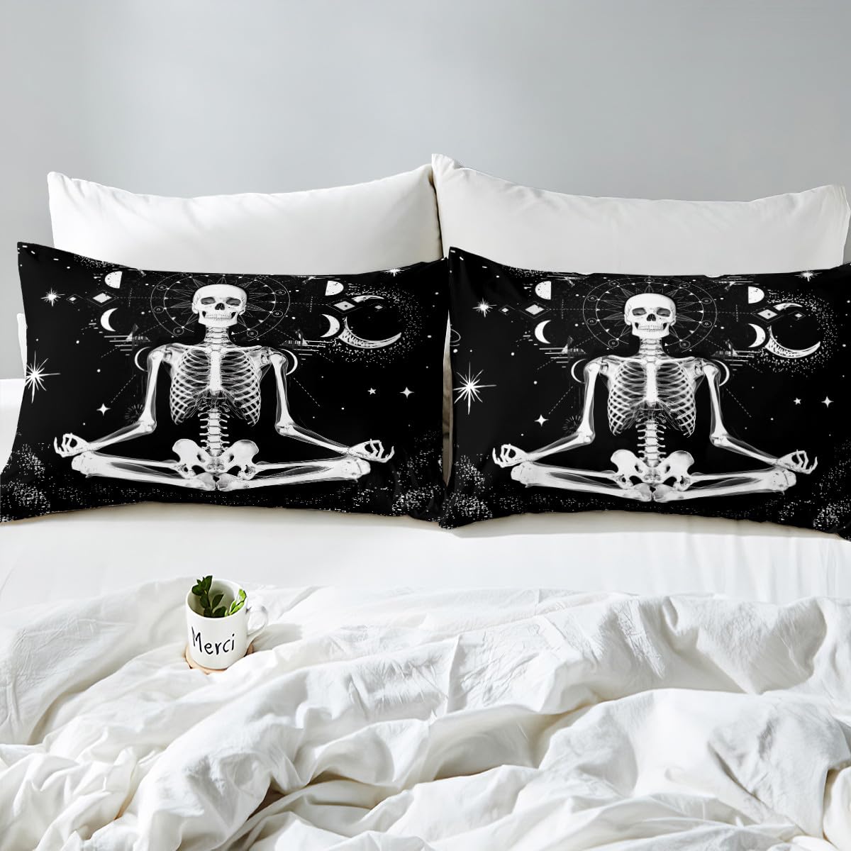 Erosebridal Skull Bed Sheets,Gothic Skeleton Sheet Set Queen Stars Moon Fitted Sheet Moon Phase Sheets Phychedelic Geometric Flat Sheet,Black White Decoratives for Home Bedroom,Super Soft Luxury…