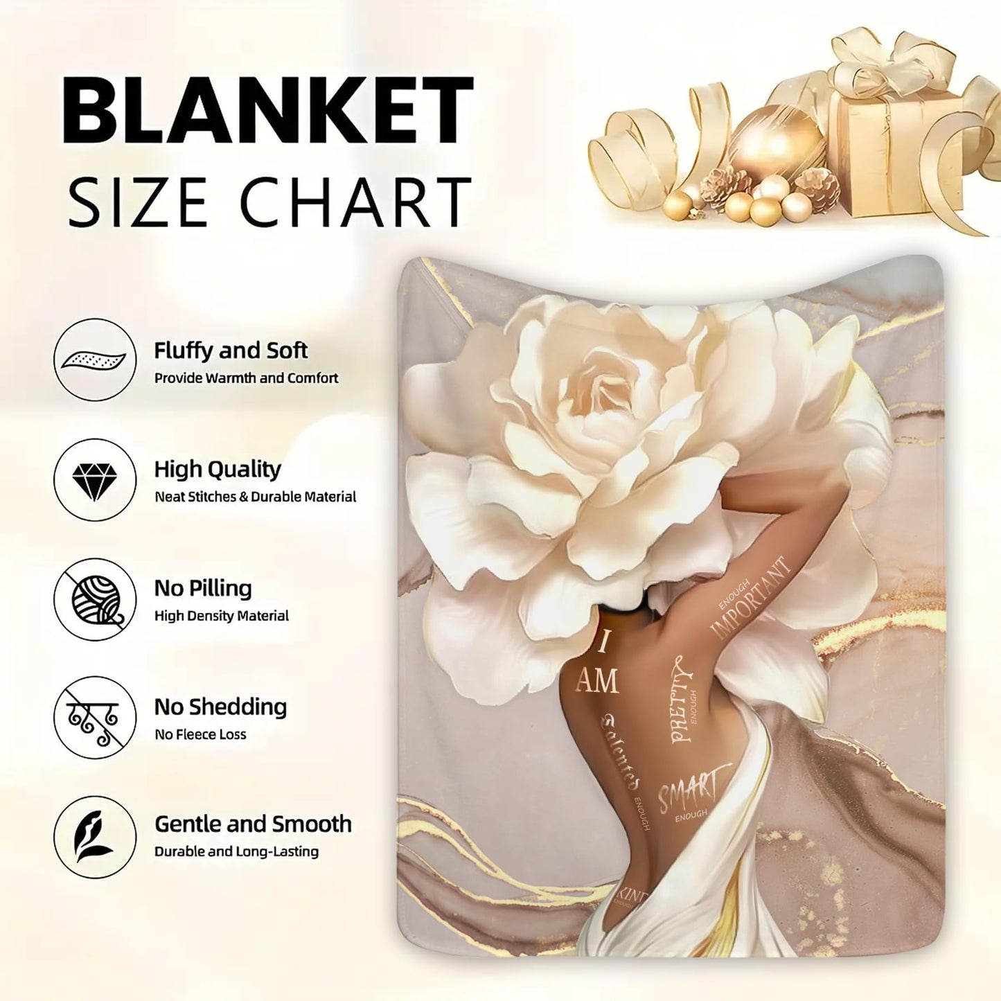 Yookeb African American Flower Throw Blanket Black Girl Woman Sexy Marble Inspirational Motivational Positive Soft Warm Gift Flannel Blanket for Couch Sofa Chair Bed or Dorm, 50 x 60 Inch