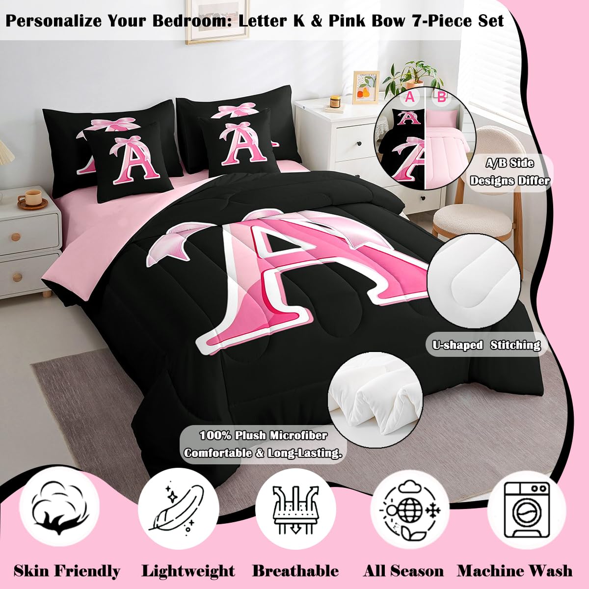 jejeloiu Kids Girls Black Pink Bow Comforter Set with Sheets Twin Size Monogrammed 7 Piece Bedding Set Personalized Initial A Bed in a Bag with Comforter,Sheets,Pillowcases Modern Fashion Bed Set