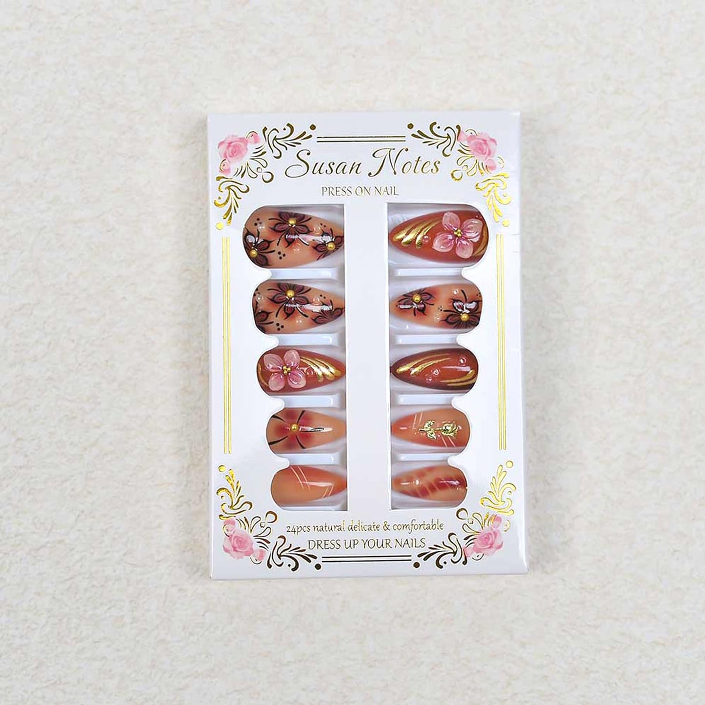 24Pcs Luxury Handmade Nails Kit 3D Flower Almond Press on Nails Medium Almond Brown with 3D Gold Beads Carved Floral Nails Designs Reusable Acrylic False Nails for Women