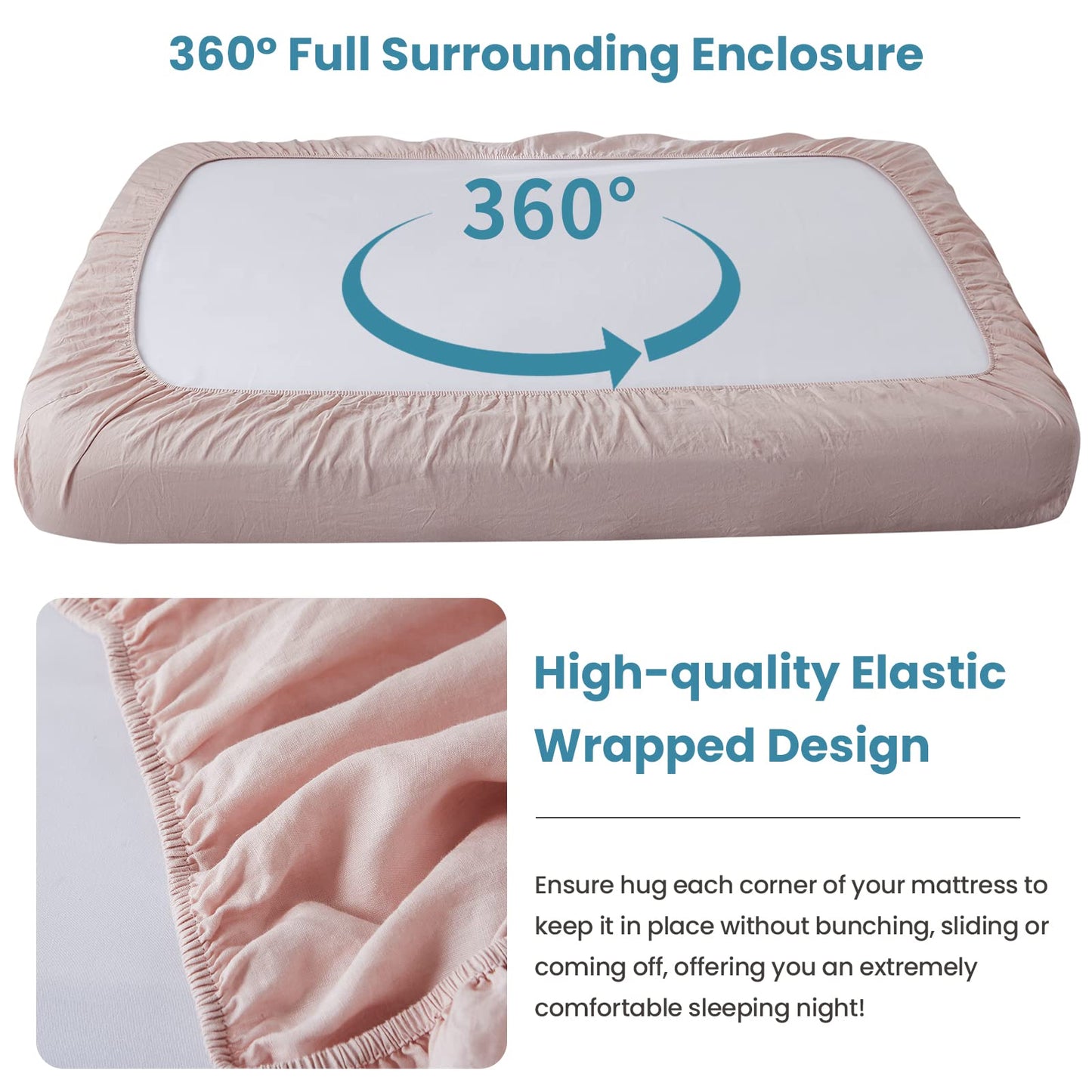 King Linens 100% Linen Fitted Sheet Stone Washed Solid Color - (1 Piece) 14 inch Deep Pocket Mattress Cover Soft Natural Breathable Farmhouse - Pink, Twin Size