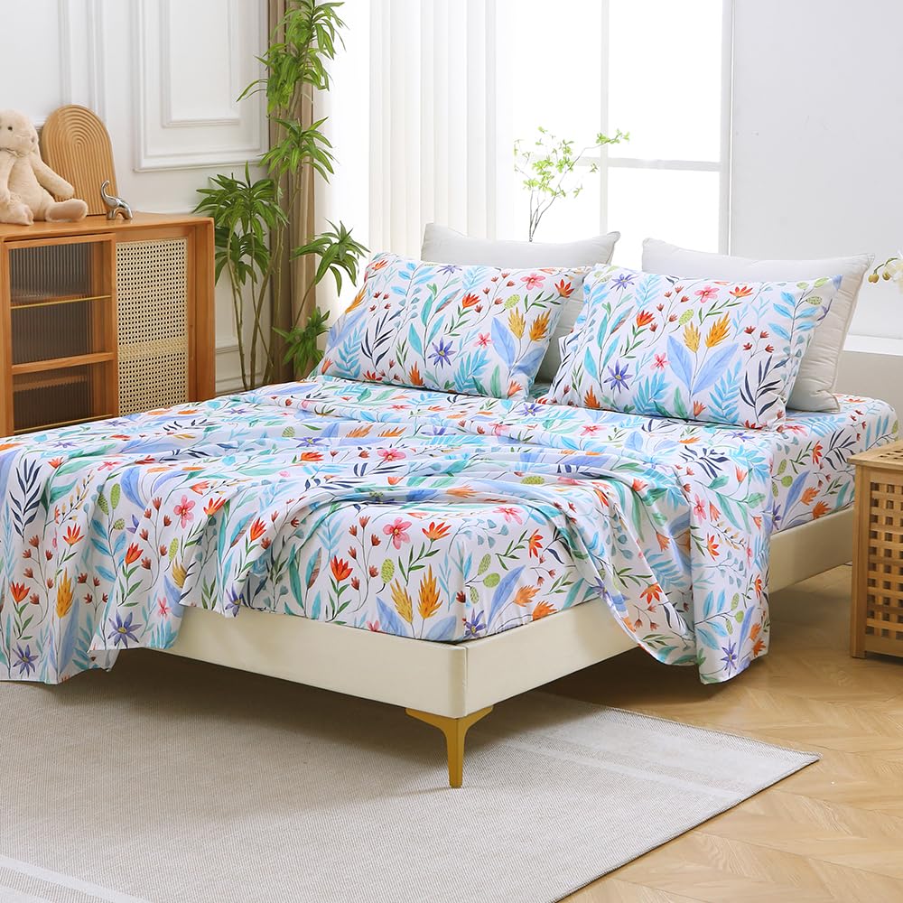 MUXHOMO Full Size 4 Piece Sheet Set, Soft & Breathable Sheet for Bedroom with Deep Pocket Up to 16", Wrinkle-Free & Cooling Bed Sheet with Flat Sheet, Fitted Sheet & Pillowcases - Colorful Leaves