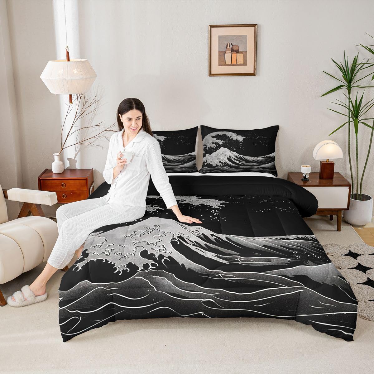 jejeloiu Black and White Wave Bedding Set Soft for Boys Girls, Ocean Wave Comforter Set Queen Size Japanese Style Duvet Quilt Microfiber Abstract Bedroom Decor 3 Pcs with 2 Pillow Cases