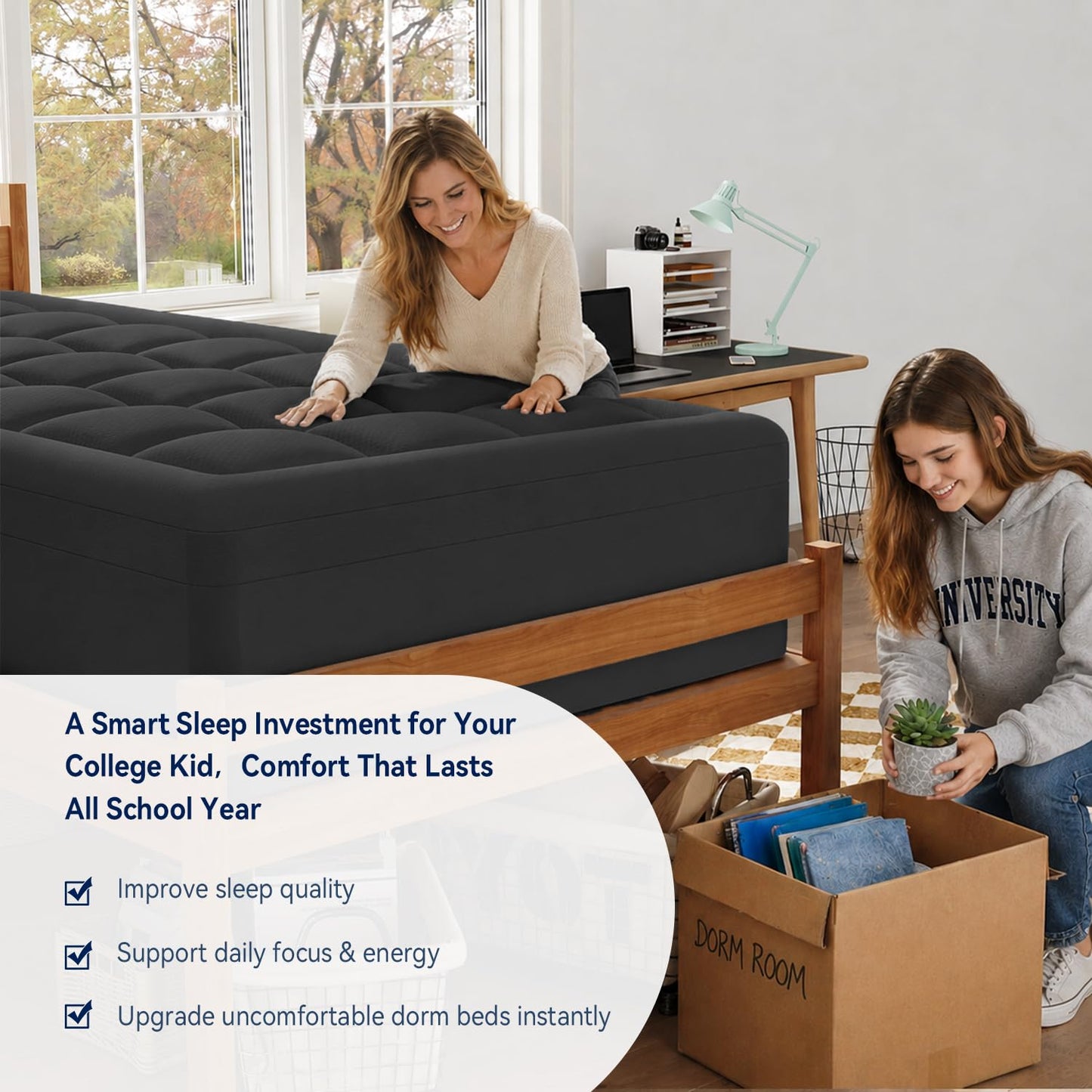 ELEMUSE 3 Inch Dual Layer Memory Foam Mattress Topper Twin XL, Dorm Room 2 Inch Cooling Gel Memory Foam Plus 1 Inch Down Alternative Pillowtop Mattress Pad,College Essential, Comfort Support, Black