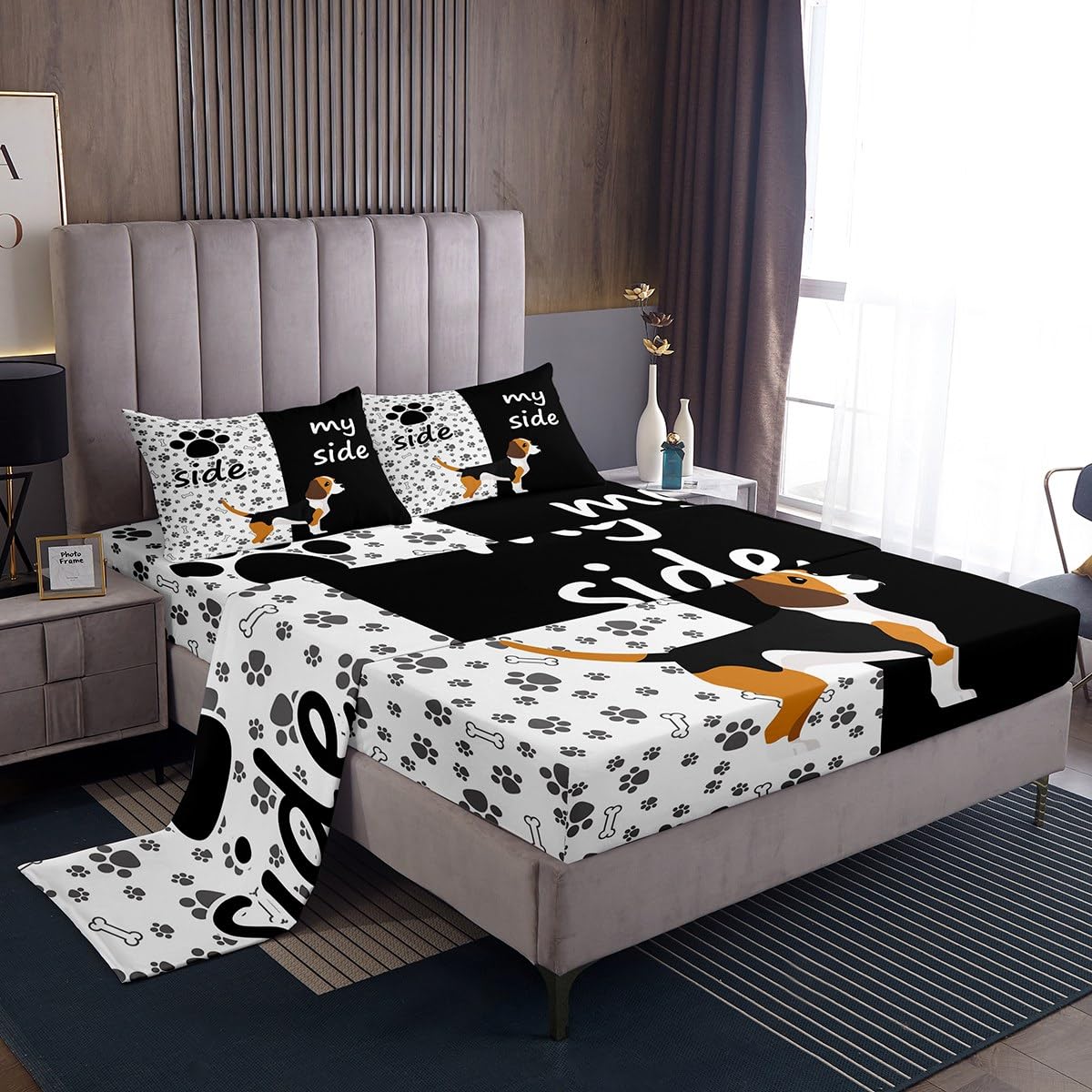 Erosebridal Lovely Dog Paw Bed Sheet Full,Cute Puppy Bones Sheet Set for Kids Boys Girls,Black and White Animal Bedding Set Bedroom Decor,Dog Side My Side Fitted Sheet + Flat Sheet + 2 Pillowcases