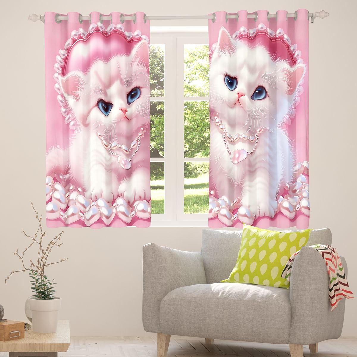 Erosebridal Cute Cats Blackout Curtains 42" Wx63 L, 2 Panels Pearl Kitten Darkening Curtains Kawaii Pet Animals Window Treatments Drapes for Bedroom Girly Pink Love Thermal Insulated Window Drapes