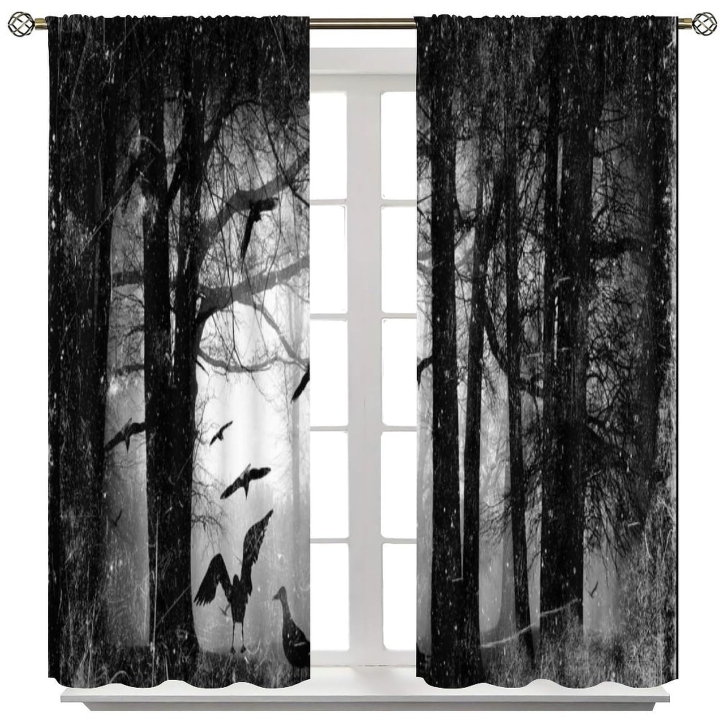 SHElifestyle Gothic Forest Window Curtains, Foggy Mysterious Ghost Window Treatments, Halloween Spooky Black Crows Cobwebs Drapes for Bedroom Living Room W42 X L45