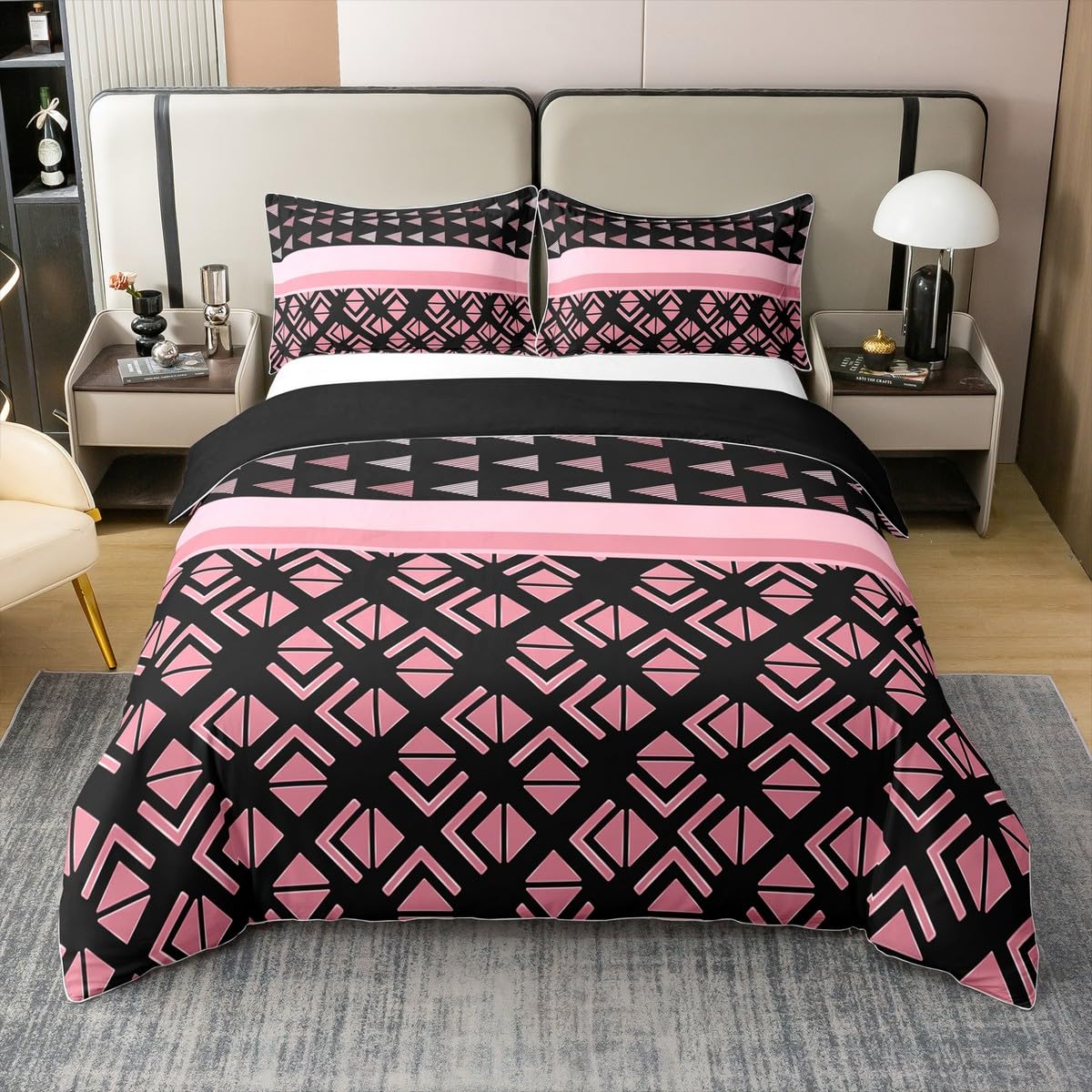 jejeloiu Comforter Cover Set Hexagonal Geometrical Bedding Set for Kids Boys Girls Triangle Duvet Cover 100% Cotton Pink Black Bedspread Cover Bedding（No Comforter） Queen