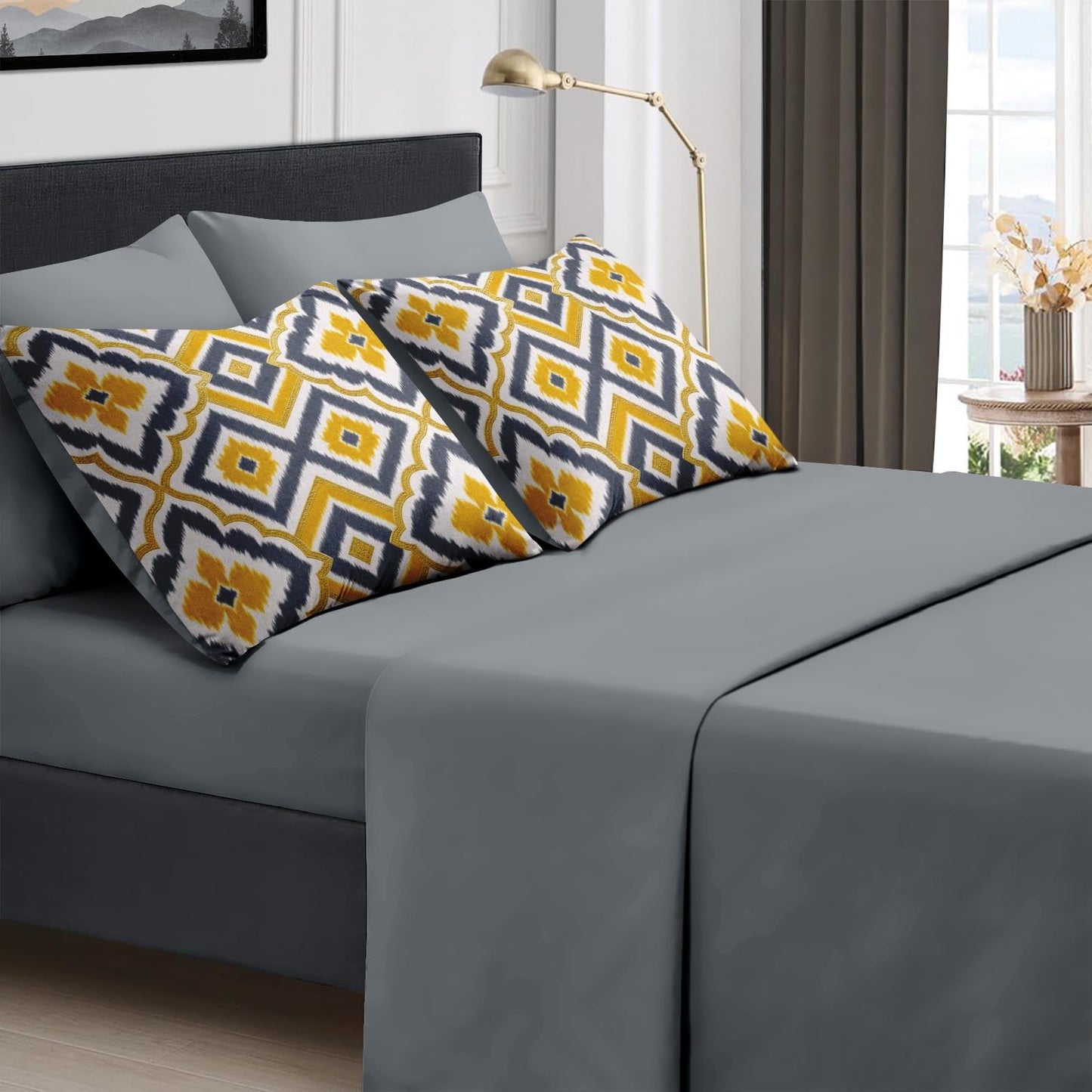 Boewywh Comforter Set Twin Size Geometric Yellow Gold 7 Pcs, Bedding for Kids and Adults, Grey Boho Bed Sheet Sets with Fitted Sheet 2 Pillowcases & 2 Shams for Bedroom Bed Decor