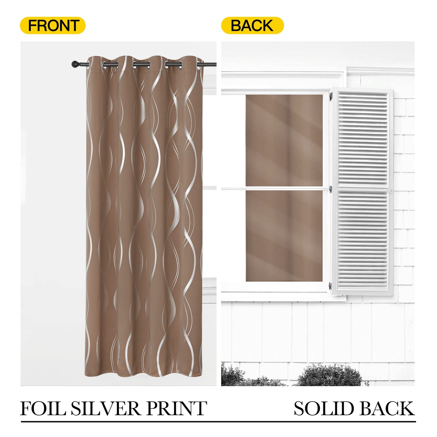 NICETOWN Blackout Curtains Panels for Living Room, Sound Reducing Thermal Insulated Wave Line Foil Print Design Blackout Curtains for Patio Sliding Glass Door (2 Panels, 52 x 84 Inch, Cappuccino)