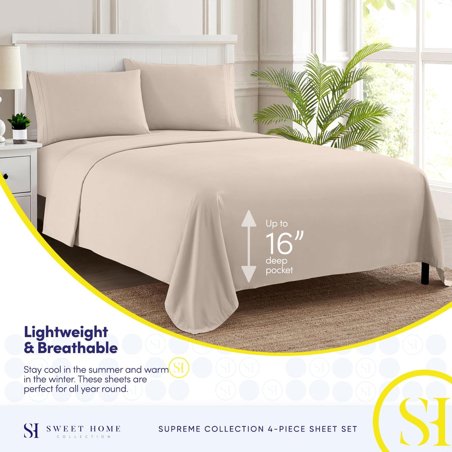 King Size Sheets - Breathable Luxury Bed Sheets with Full Elastic & Secure Corner Straps Built In - 1800 Supreme Collection Extra Soft Deep Pocket Bedding Set, Sheet Set, King, Beige