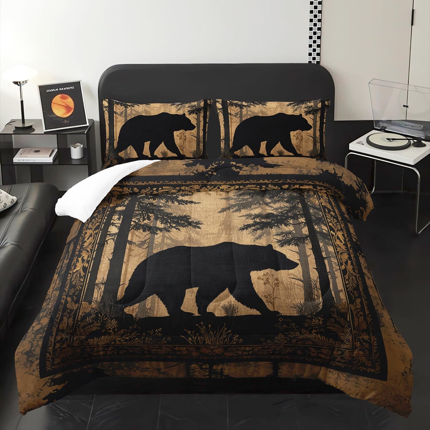 XYNHML Black Bears Hunting Animal Comforter 3Pcs Twin Wildlife Bear Forest Pine Tree Bedding Set for Kid Teen Boy Girl Adult Retro Rustic Bear Plant Quilt Bed Decor with 1 Comforter & 2 Pillowcases