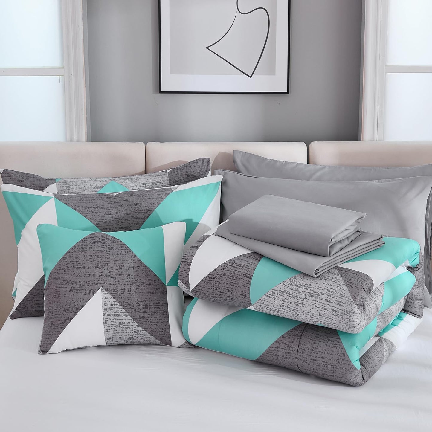 Bedbay Teal Grey Queen Comforter Set with Sheets 8 Pcs Queen Bed in a Bag Modern Geometric Chevron Print Luxury Western Bedding 1 Comforter 4 Pillowcases 1 Flat Sheet 1 Fitted Sheet 1 Cushion Cover