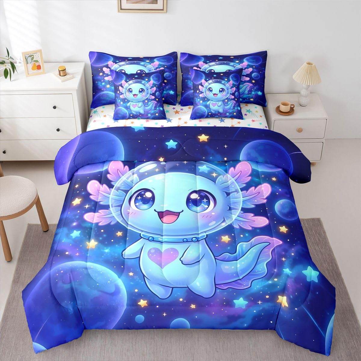 Erosebridal Kids Universe Axolotl Twin Size Bedding Set Boys Girls Cute Axolotl 7 Pieces Comforter Set with Sheets for Teens Purple Blue Starry Sky Bed in a Bag Glitter Stars Print Bed Sets