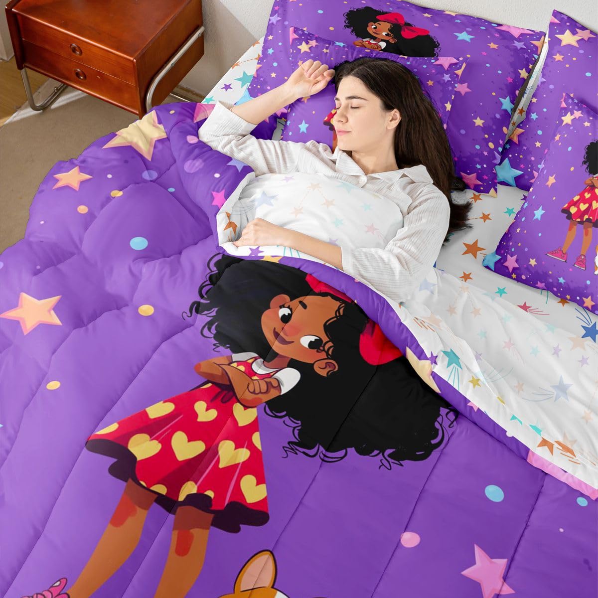 Erosebridal Cartoon Black Girls Queen Bedding Set Coloful Stars Print Comforter Set with Flat and Fitted Sheet Kids Teen Cute Polka Dots 7-Piece Bed in a Bag Kawaii Bow Girl Dog Quilt Sets