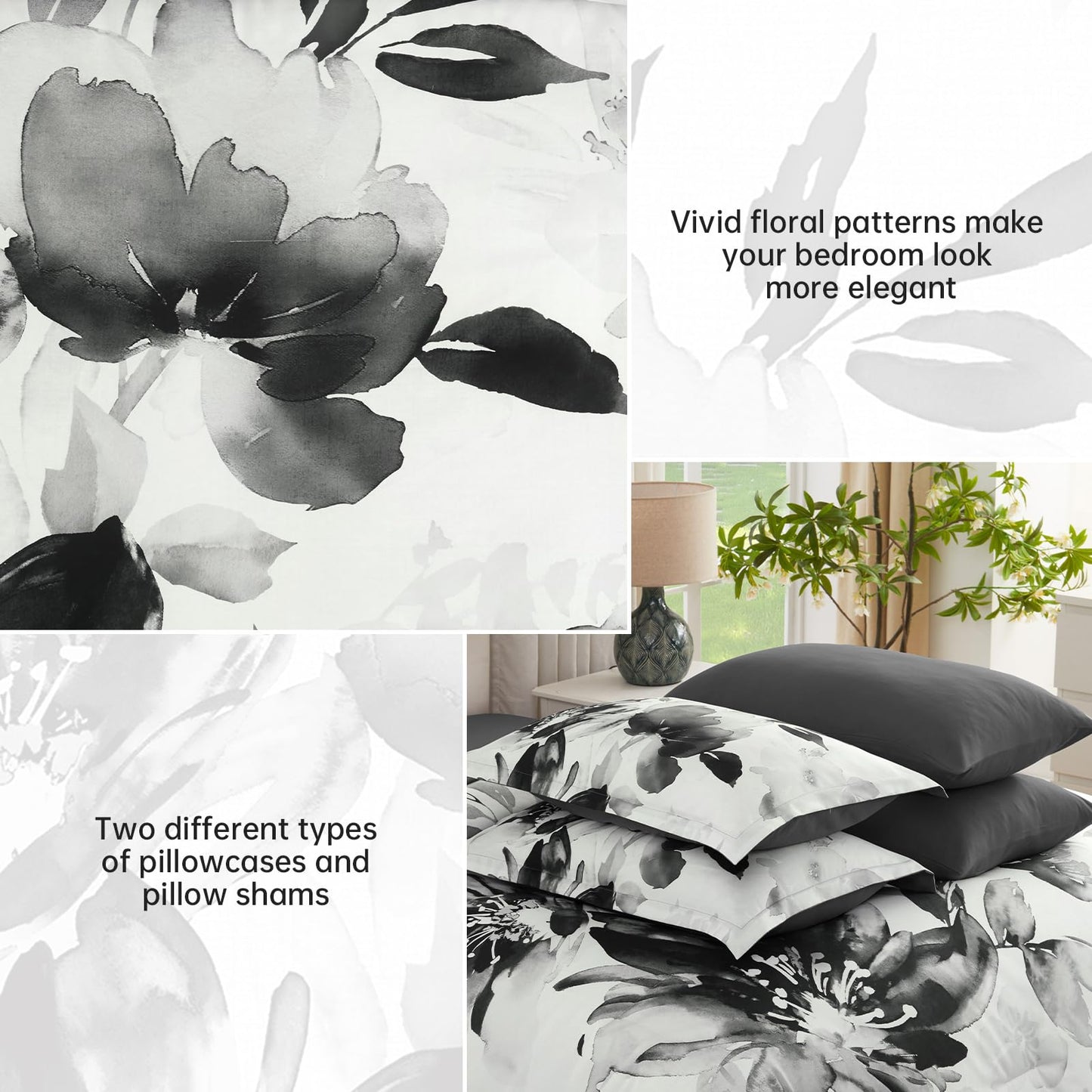 Luxudecor Floral Comforter Set Queen Size, 7 Piece Black Grey Flower Set Bed in a Bag,Soft Microfiber Farmhouse Shabby Chic Bedding Set for All Seasons(90"x90")