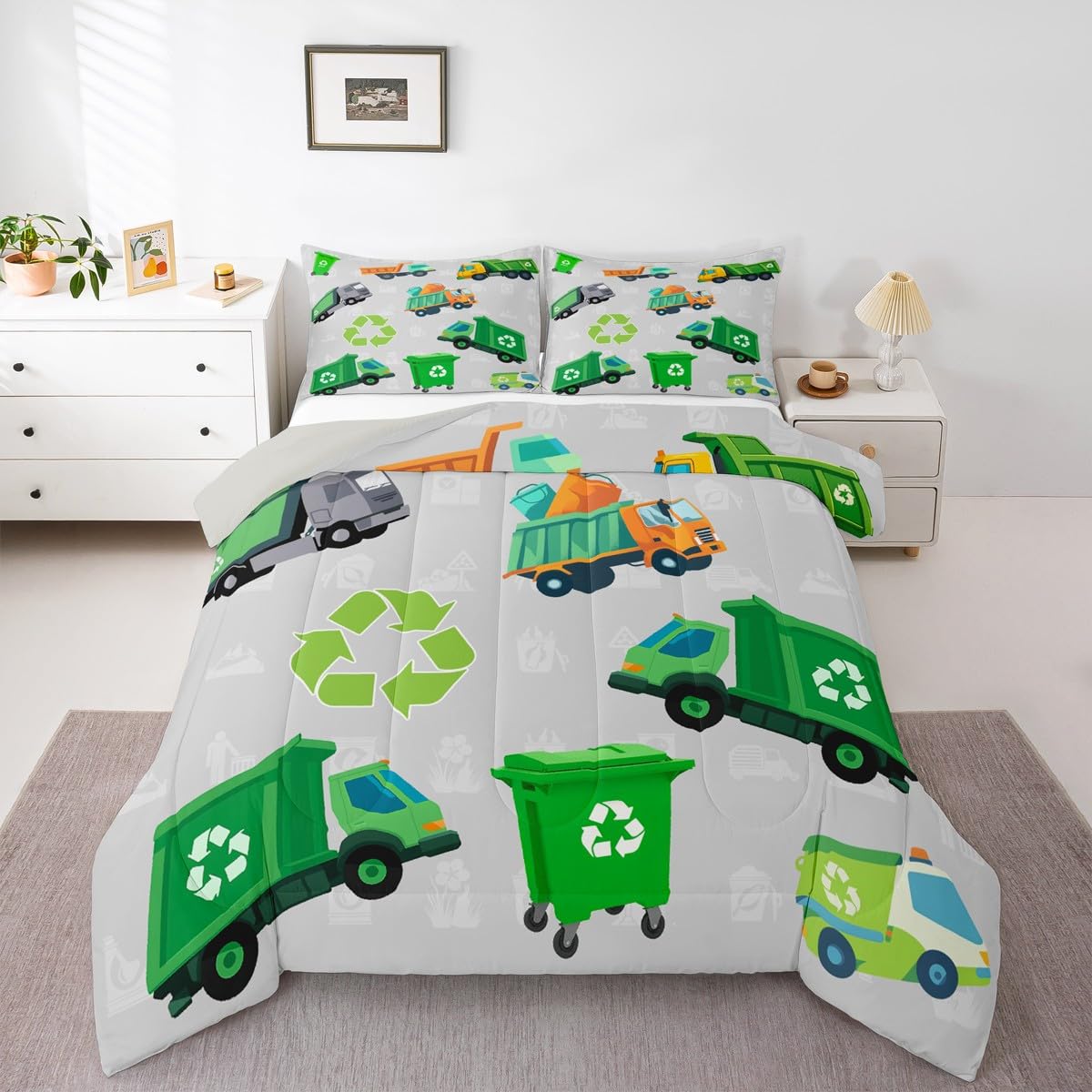 Feelyou Boys Green Garbage Truck Bedding Set - Cartoon Trash Truck Comforter Set for Kids Boys Girls Teens - Queen Size with 2 Pillow Case
